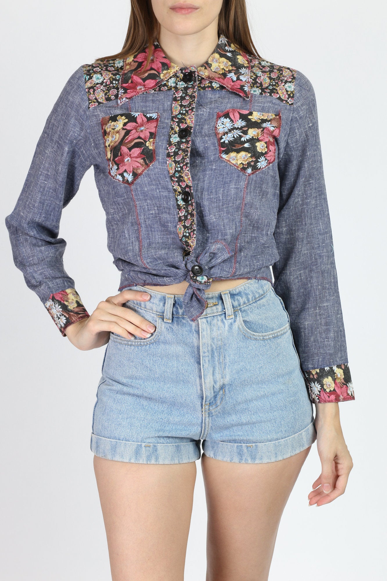 70s Floral Chambray Blouse - Small