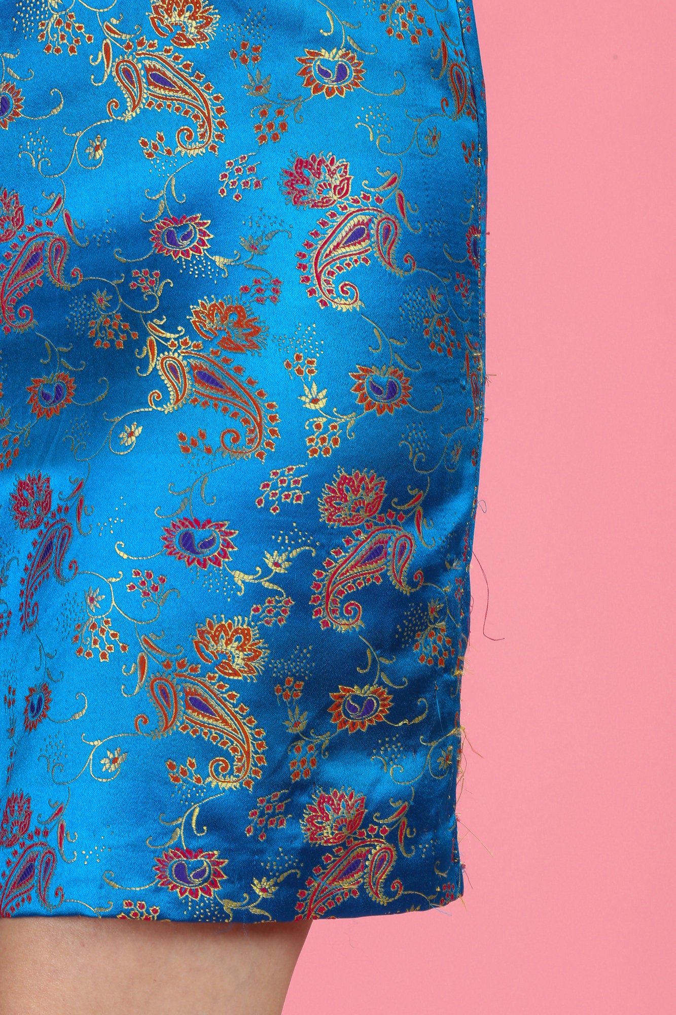 Vintage Blue Jacquard Qipao Mini Dress - Small