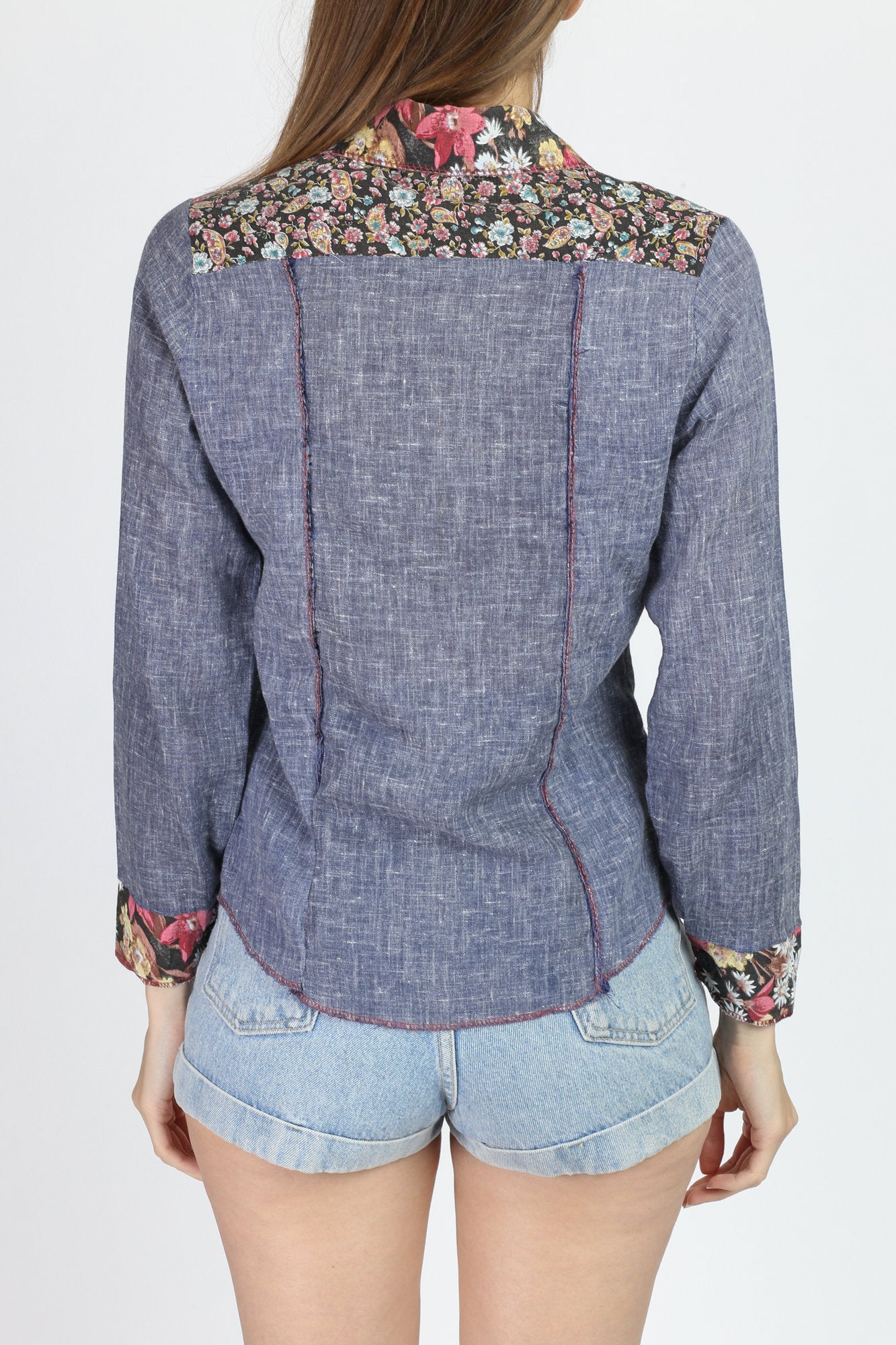 70s Floral Chambray Blouse - Small