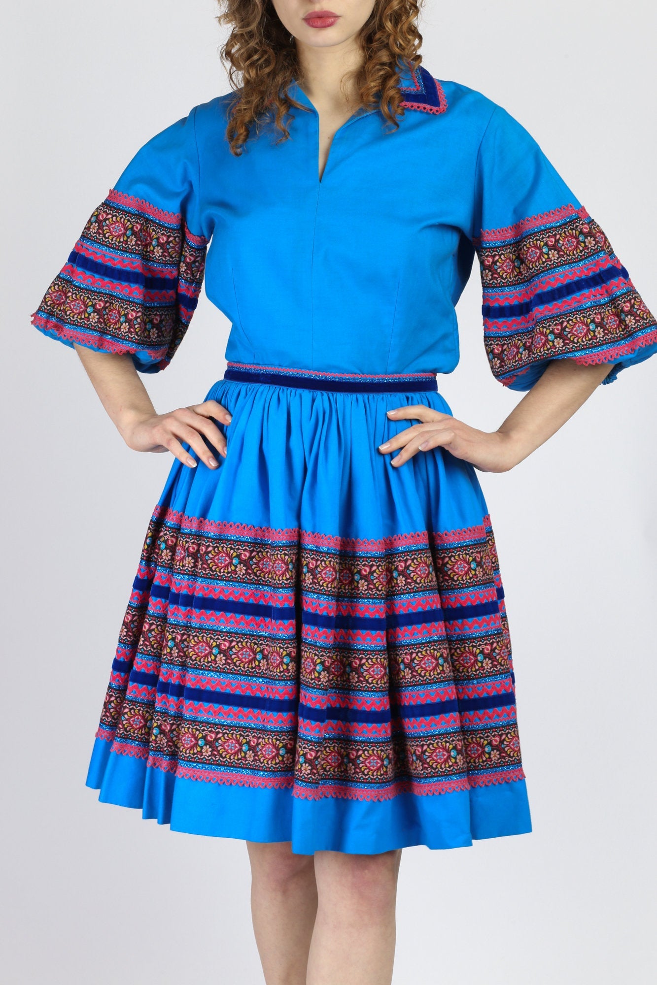 1960s Desert Flower Blue Patio Skirt Set - Medium