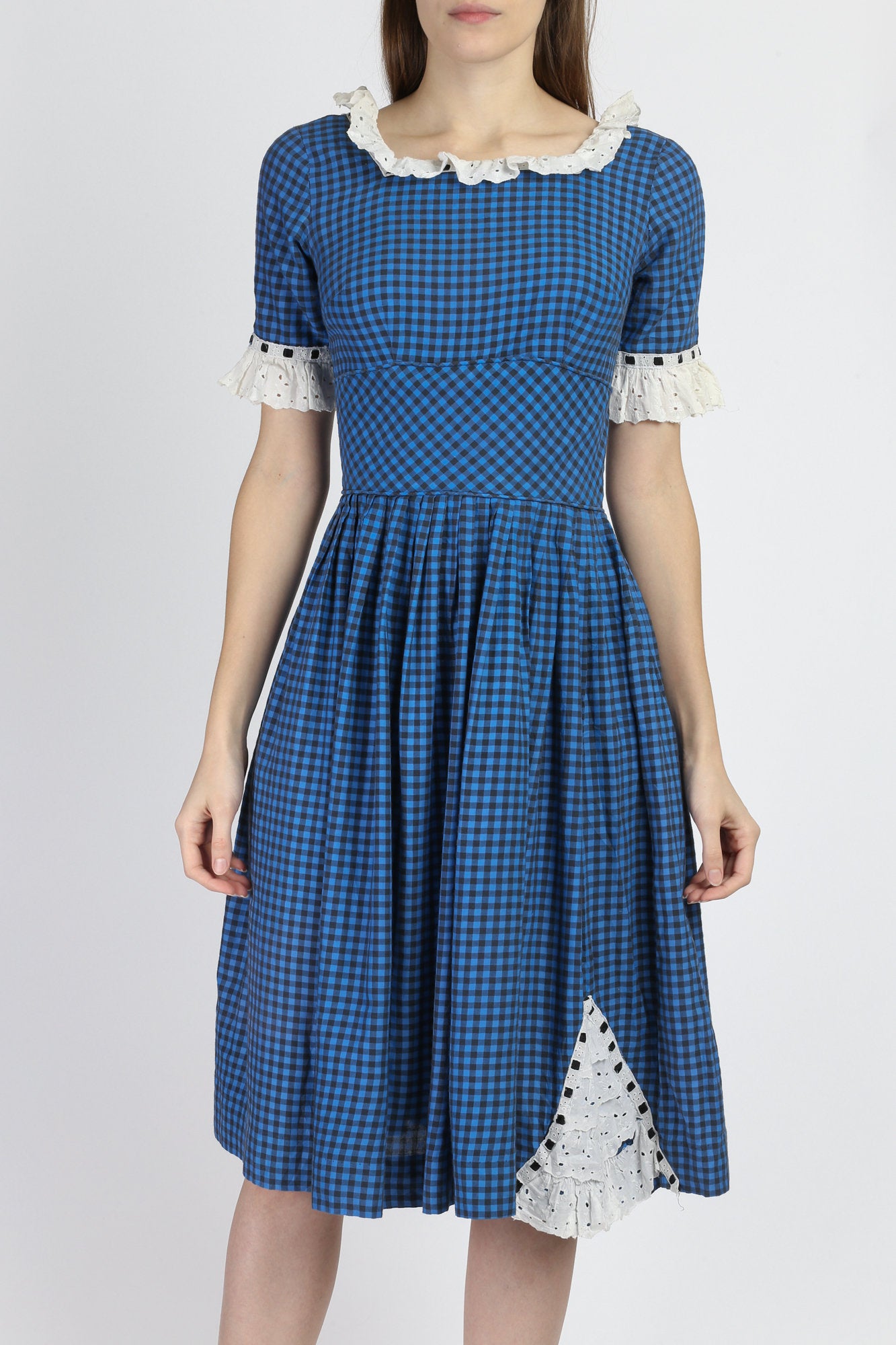 1950s Blue Gingham Checkered Day Dress - XS to Small