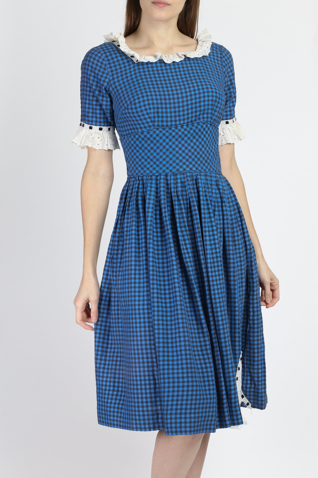 1950s Blue Gingham Checkered Day Dress - XS to Small