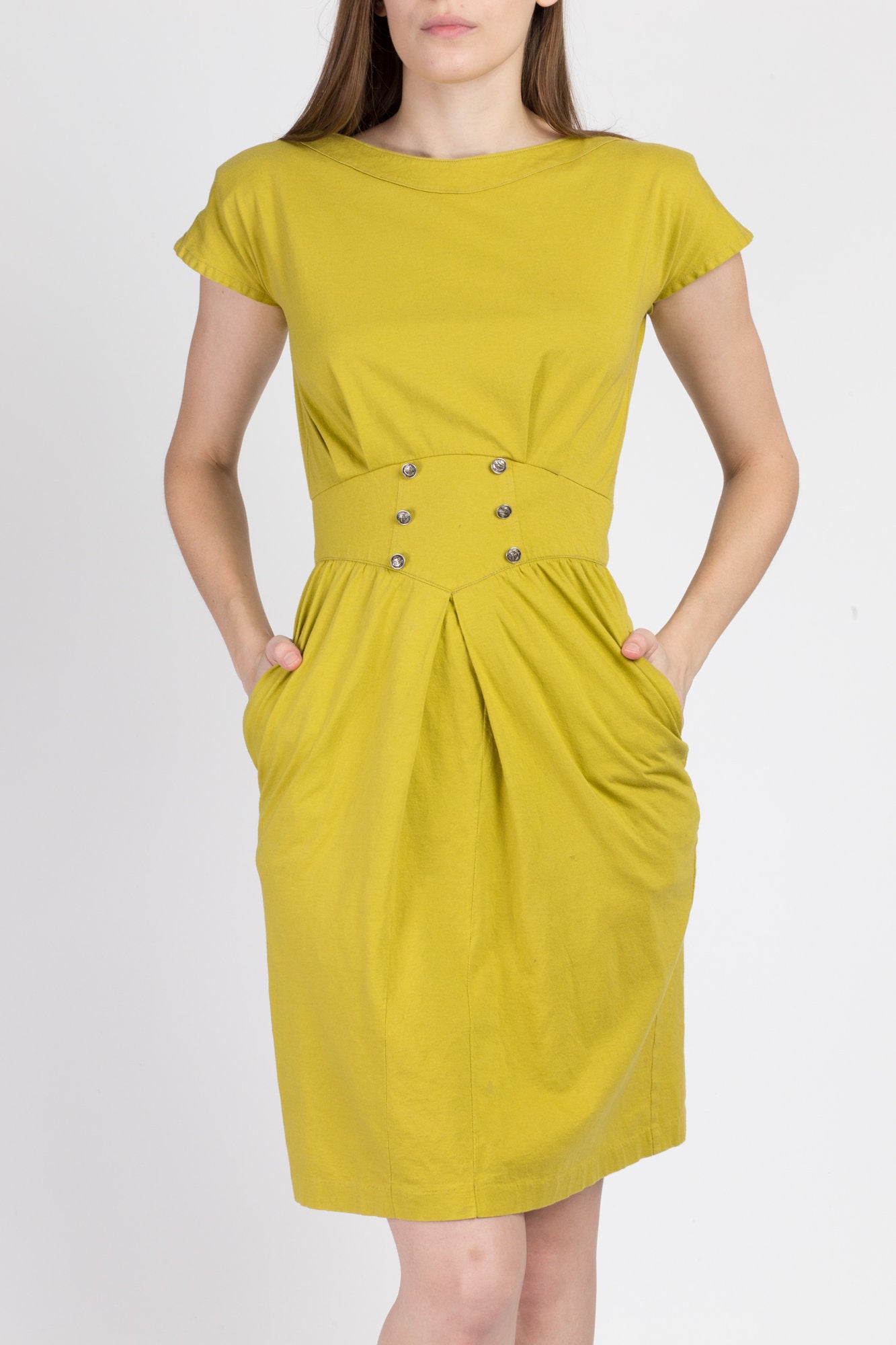 80s Chartreuse Mini Fitted Waist Sheath Dress - Small