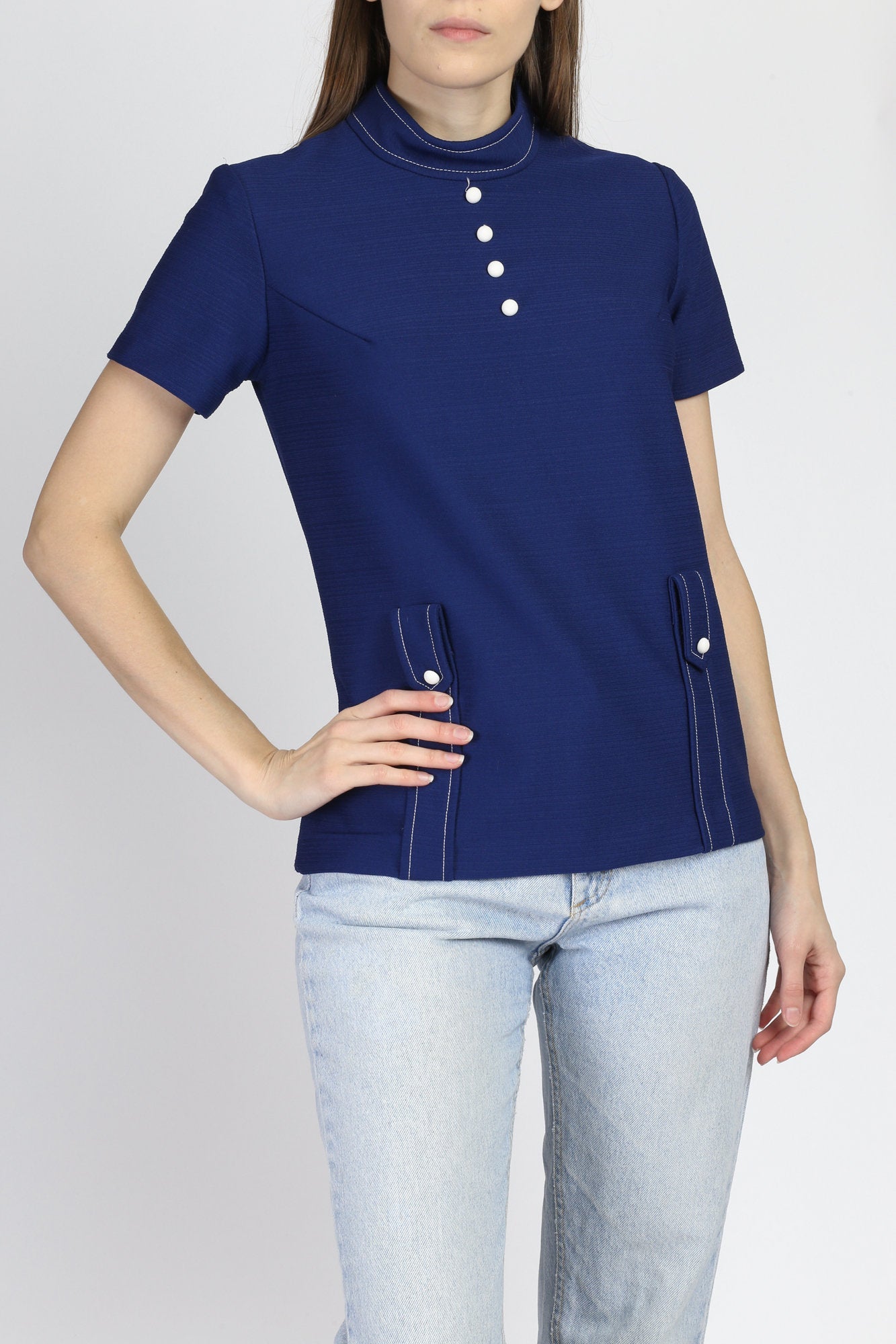 70s Mod Navy Blue Top - Small