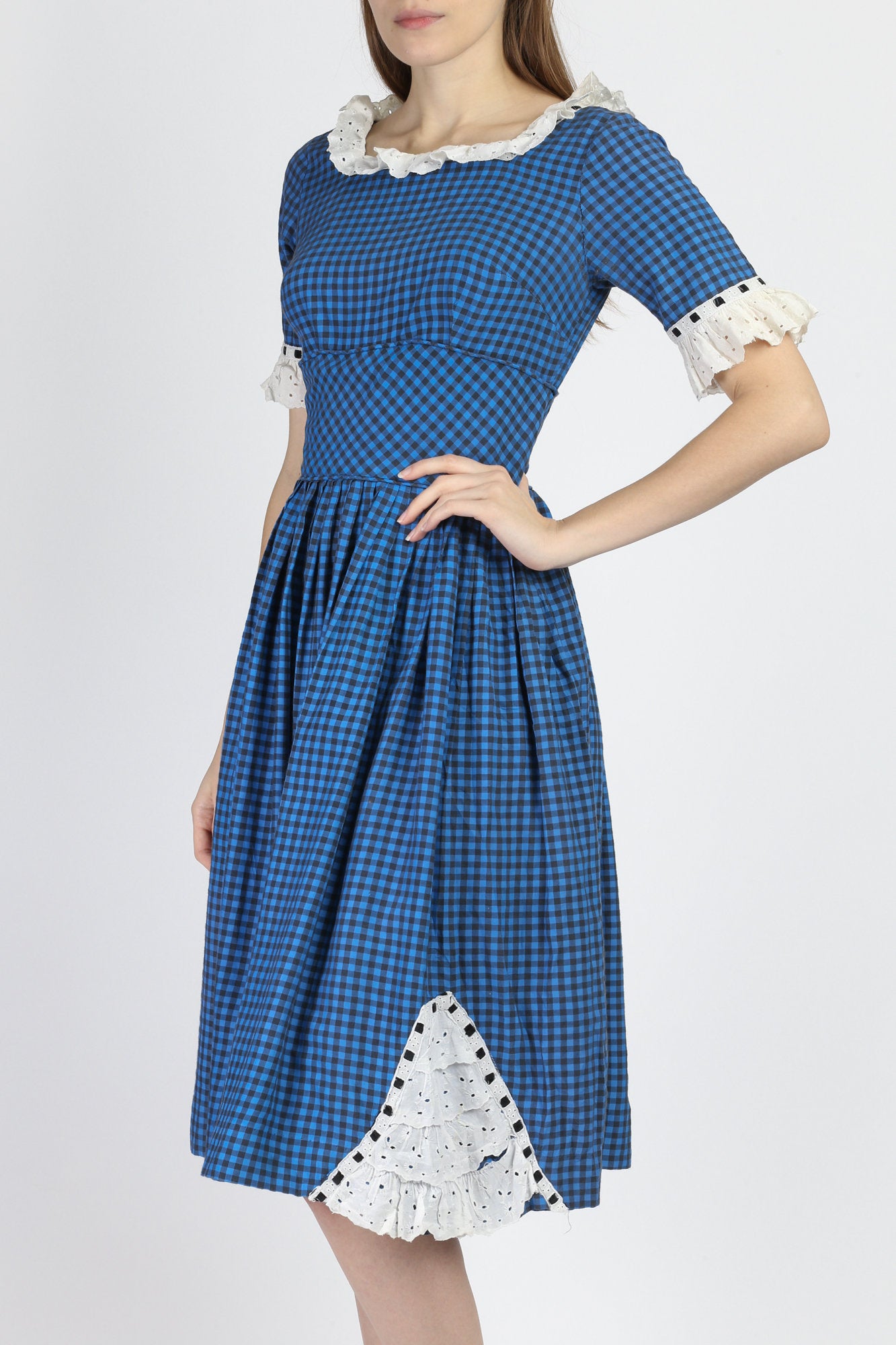 1950s Blue Gingham Checkered Day Dress - XS to Small