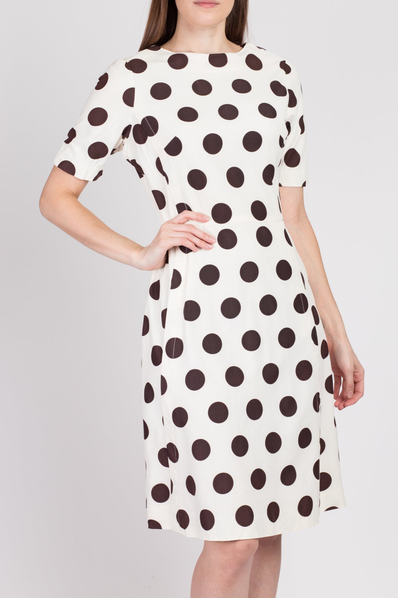 60s Brown & White Polka Dot Dress - Medium