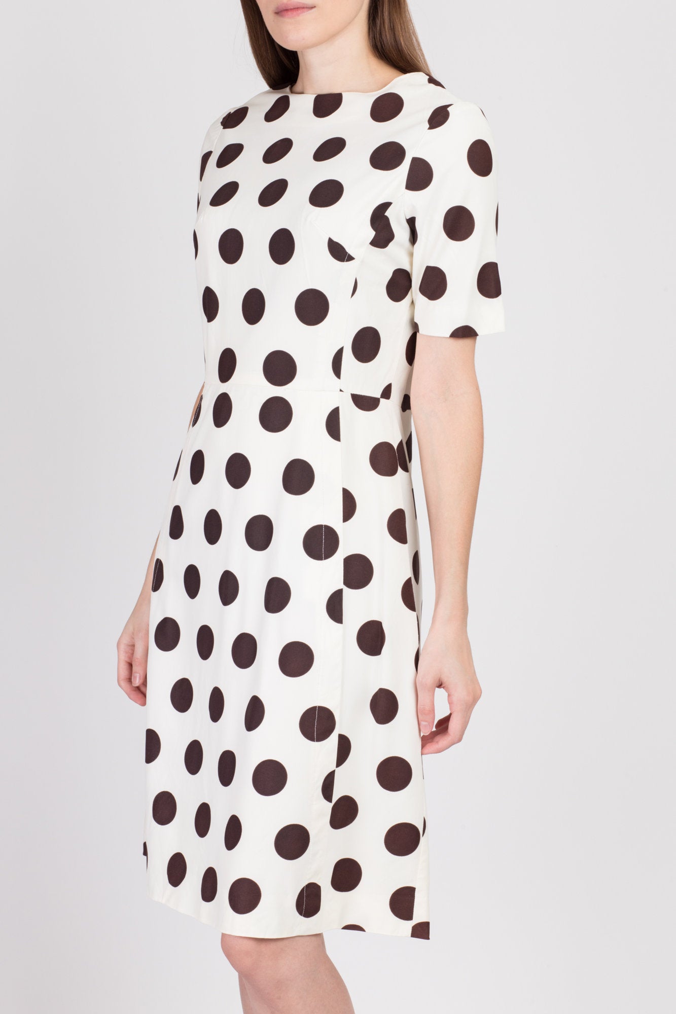 60s Brown & White Polka Dot Dress - Medium