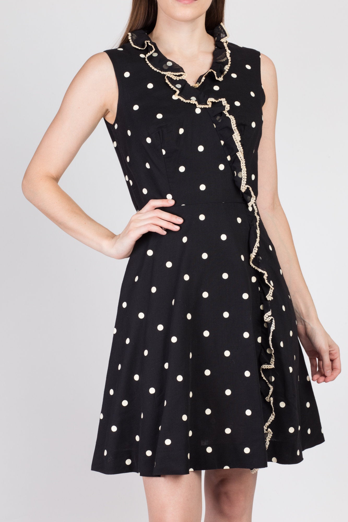 60s Black & White Polka Dot Dress - Extra Small