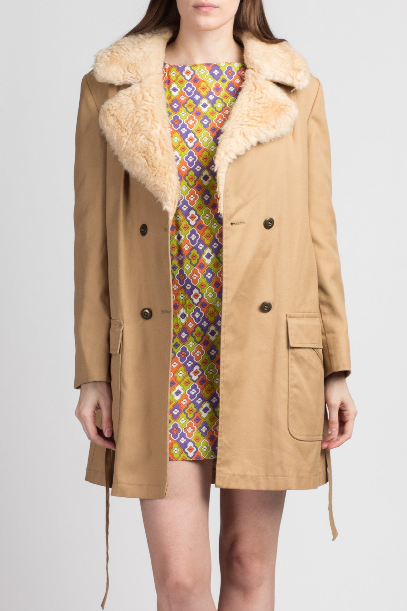70s Boho Shearling Trim Mini Trench Coat Medium Flying Apple Vintage
