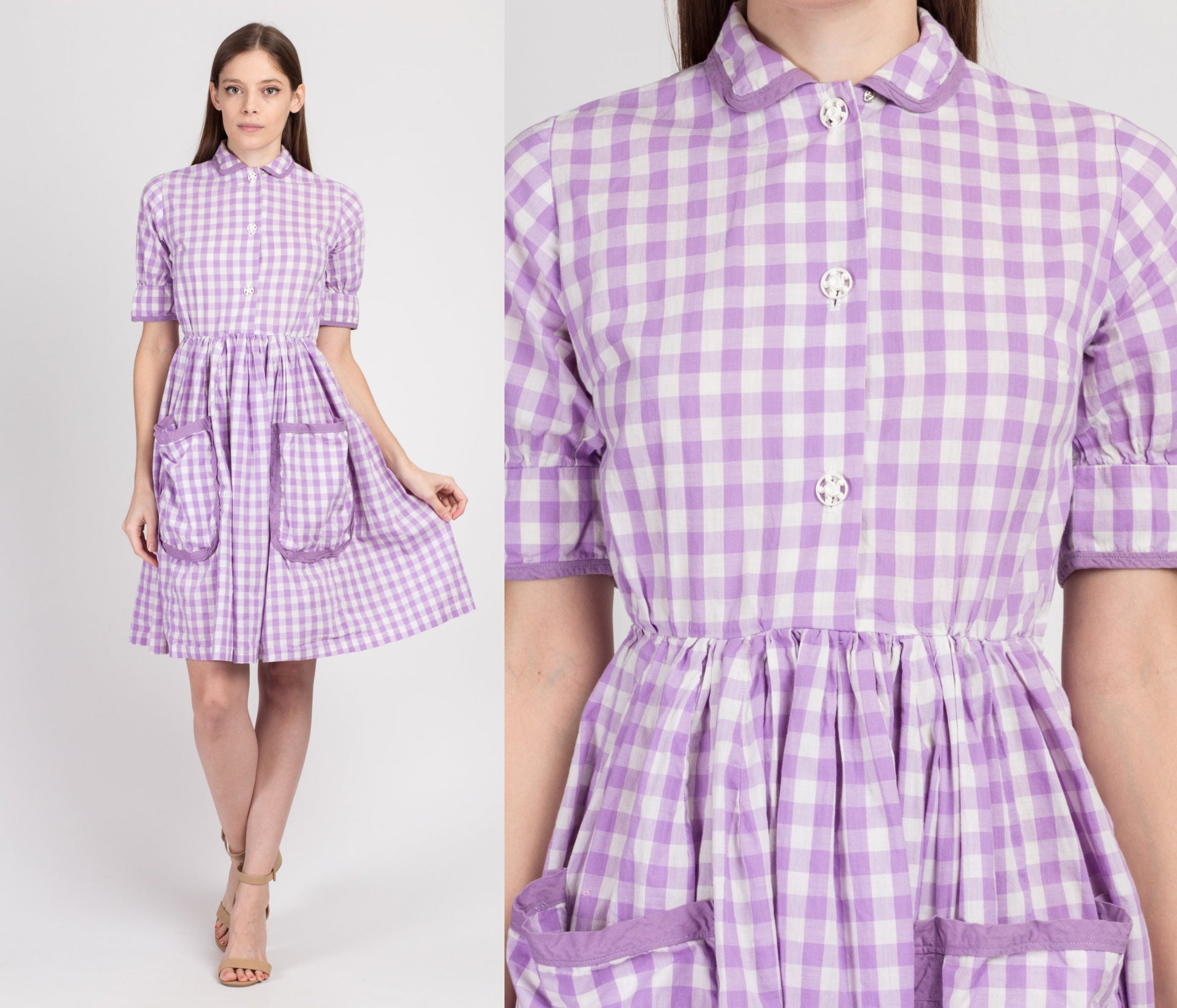 Vintage 1940s Purple Gingham Checkered Day Dress - Petite XS 