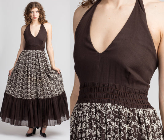 60s 70s Chocolate Brown Floral Halter Dress - Extra Small