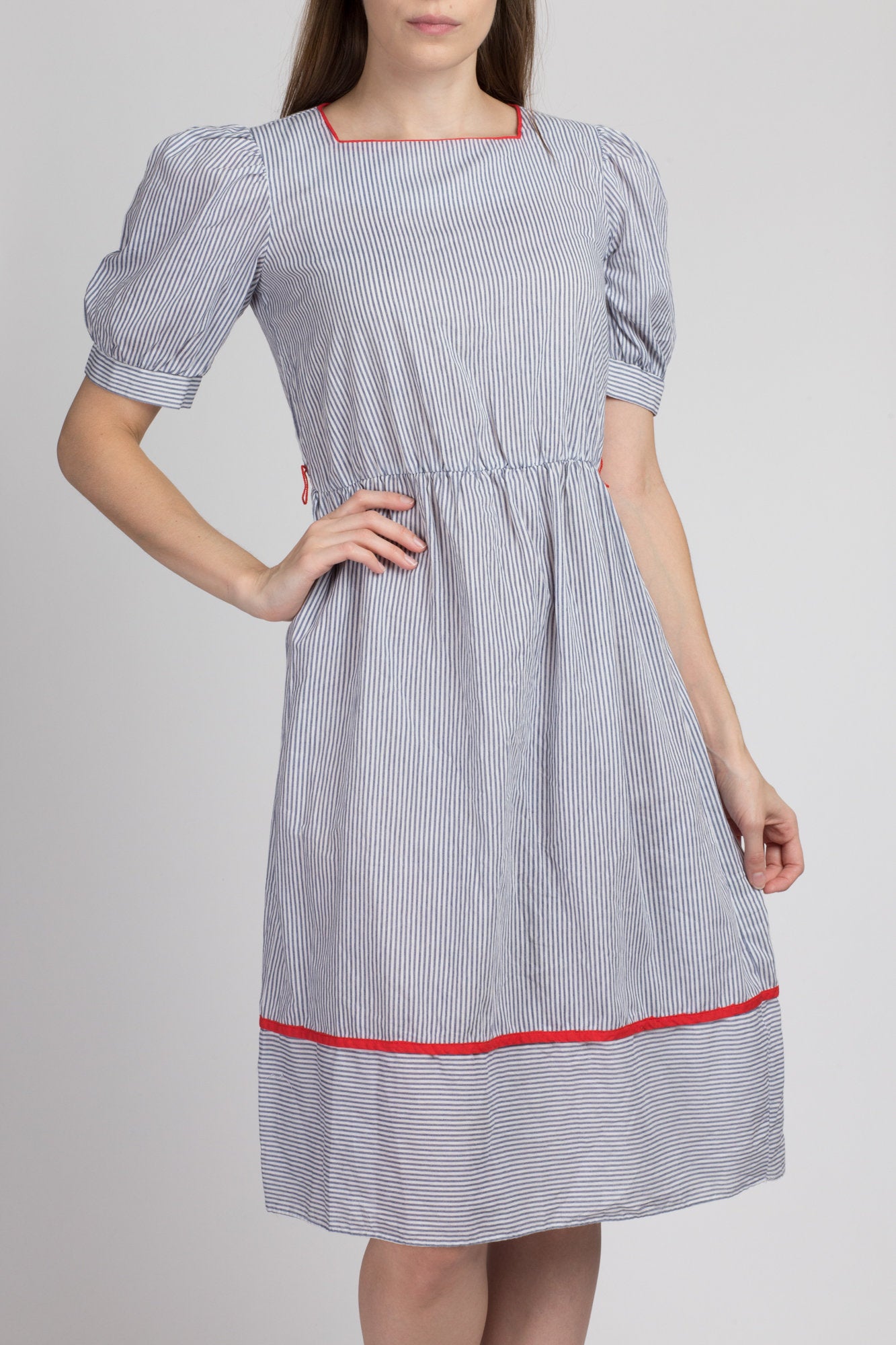 Vintage Pinstripe Puff Sleeve Mini Dress - Small