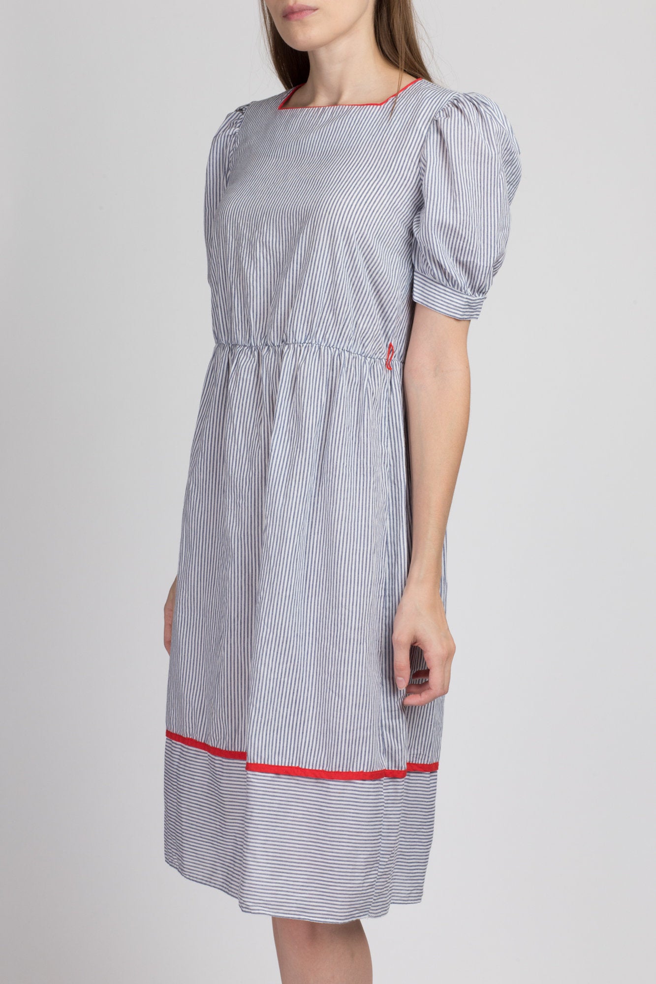 Vintage Pinstripe Puff Sleeve Mini Dress - Small