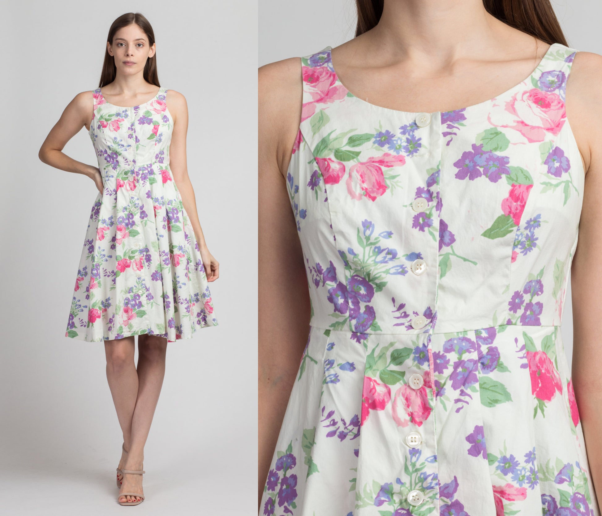 90s White Floral Fit & Flare Dress - XS to Petite Small – Flying