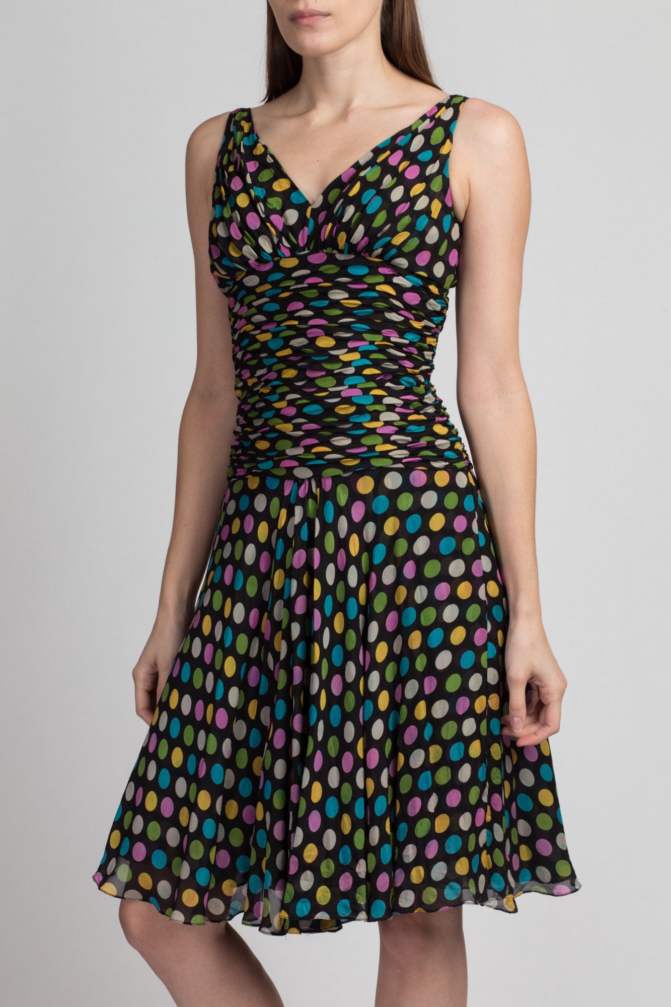 90s Silk Polka Dot Party Dress - Small | Vintage Bryan Bradley Ruched Bodice Mini