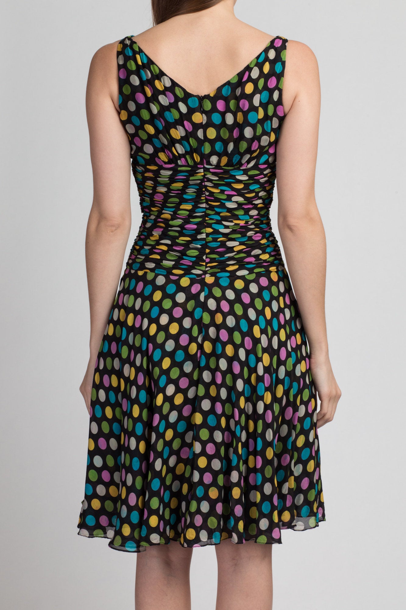 90s Silk Polka Dot Party Dress - Small | Vintage Bryan Bradley Ruched Bodice Mini