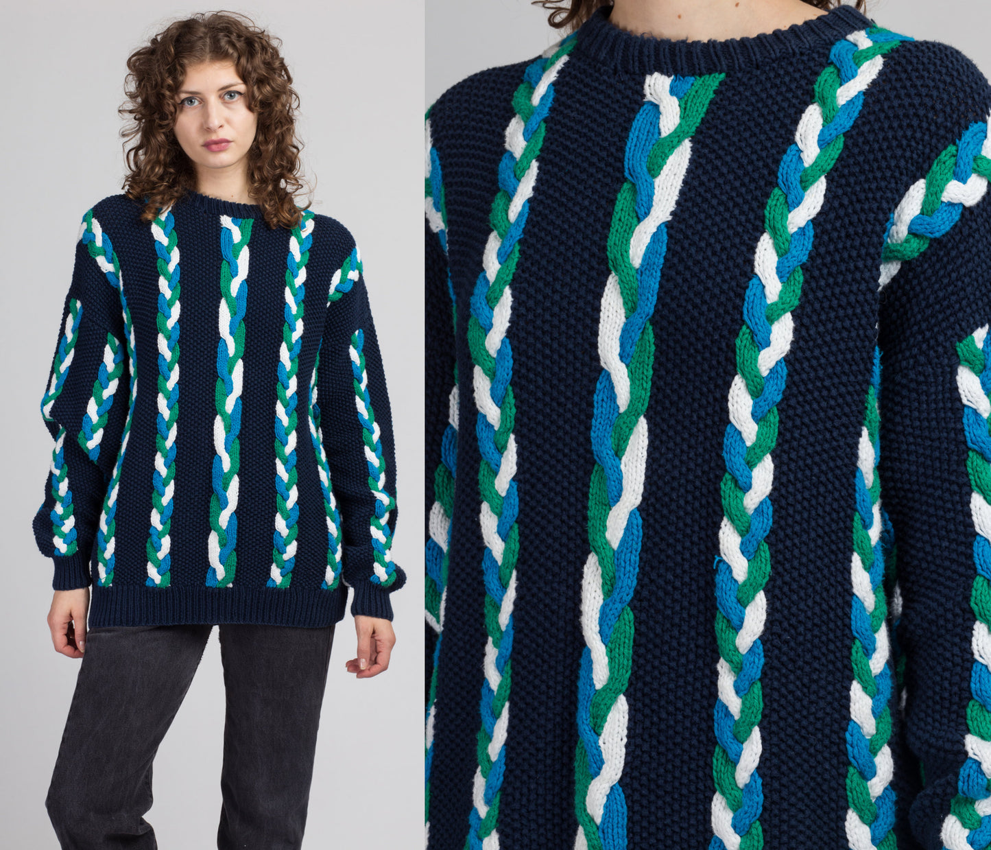 90s Blue Striped Cable Knit Sweater - Men's Medium