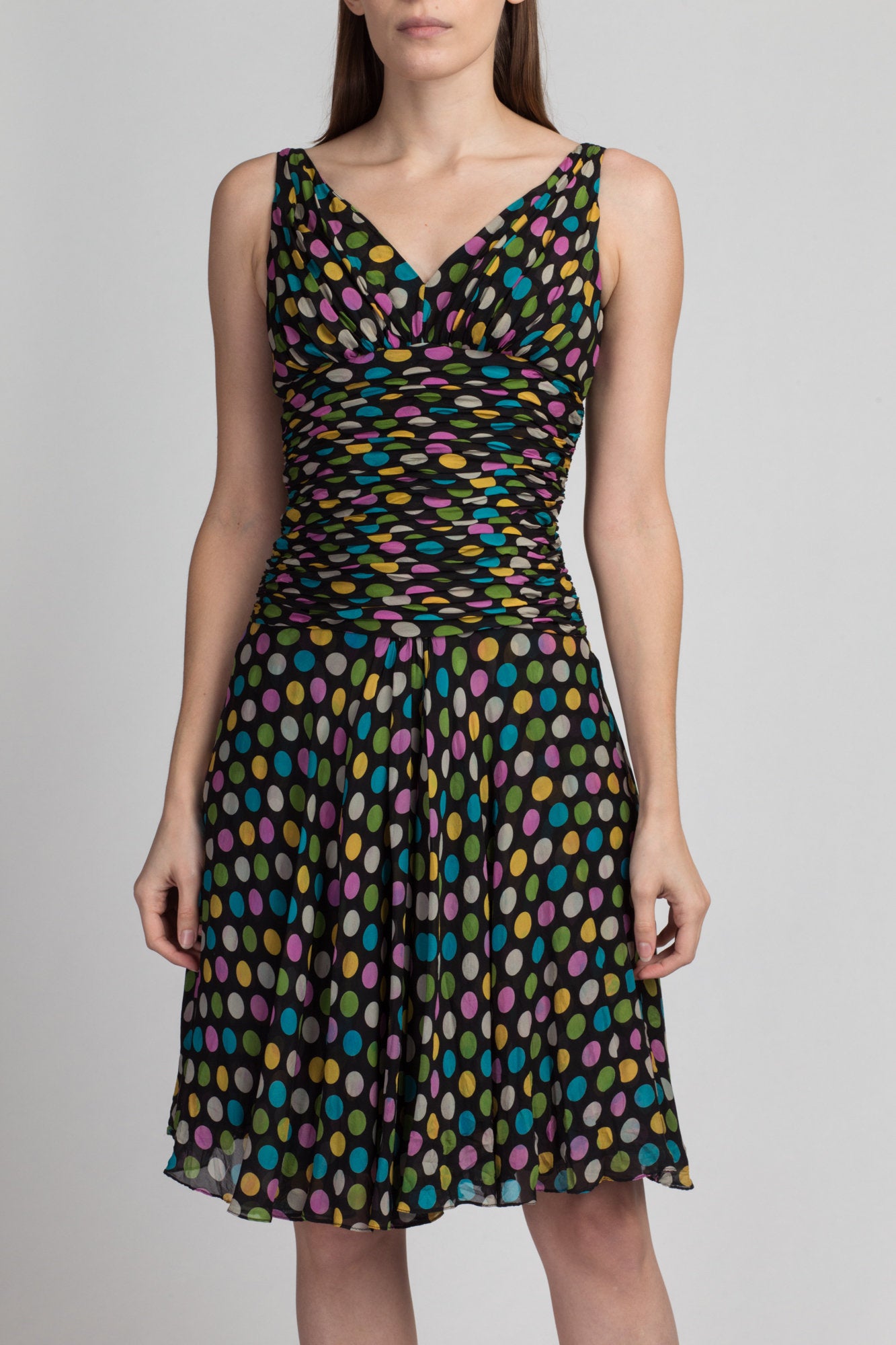 90s Silk Polka Dot Party Dress - Small | Vintage Bryan Bradley Ruched Bodice Mini
