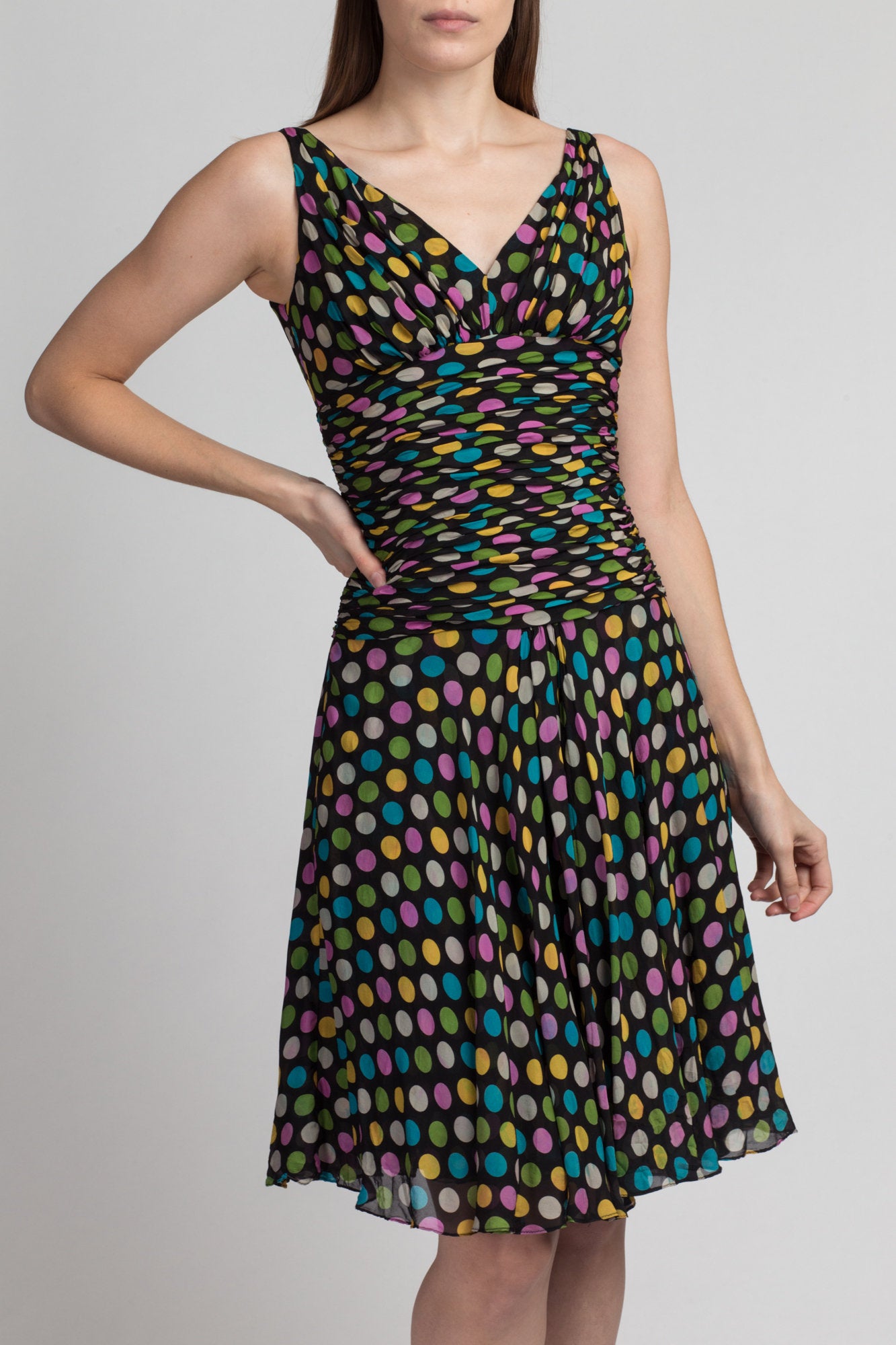 90s Silk Polka Dot Party Dress - Small | Vintage Bryan Bradley Ruched Bodice Mini