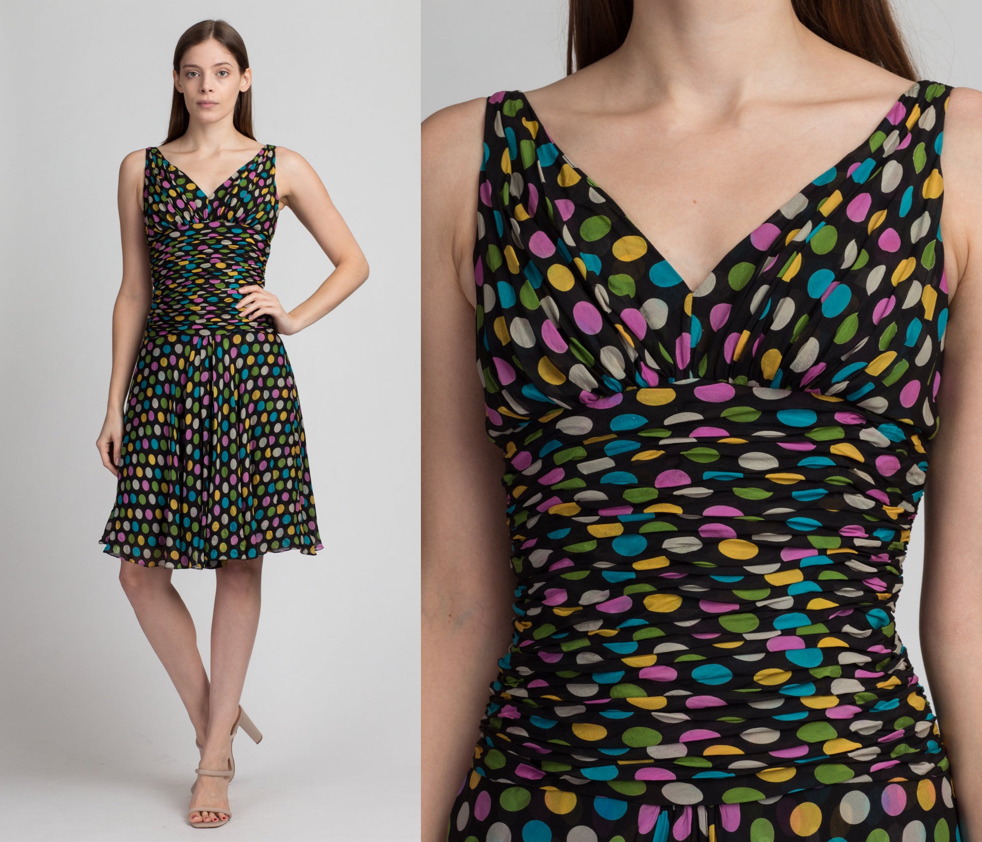 90s Silk Polka Dot Party Dress - Small | Vintage Bryan Bradley Ruched Bodice Mini