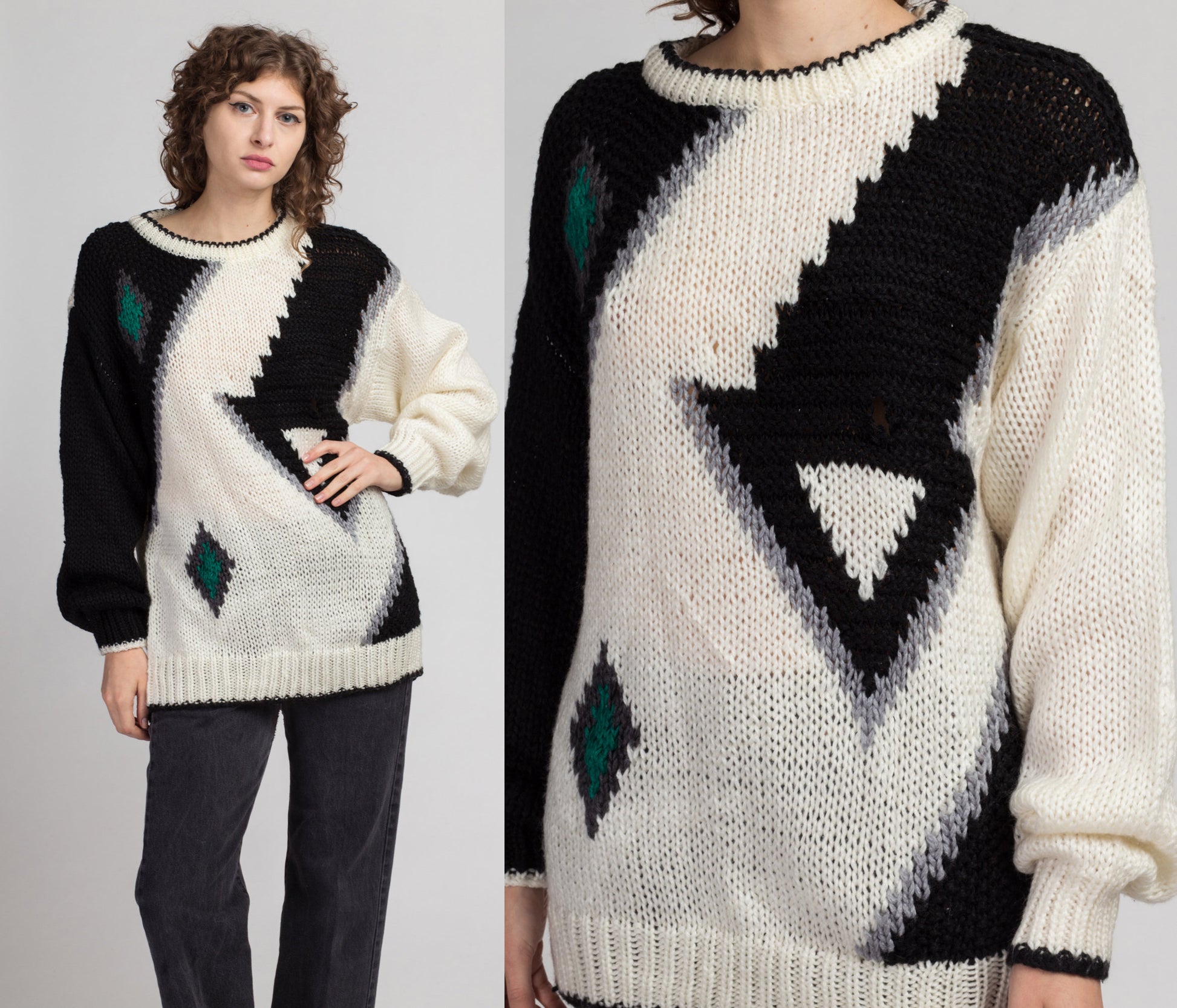 80s Slouchy Geometric Knit Sweater - Large | Vintage White Black Pullover Jumper