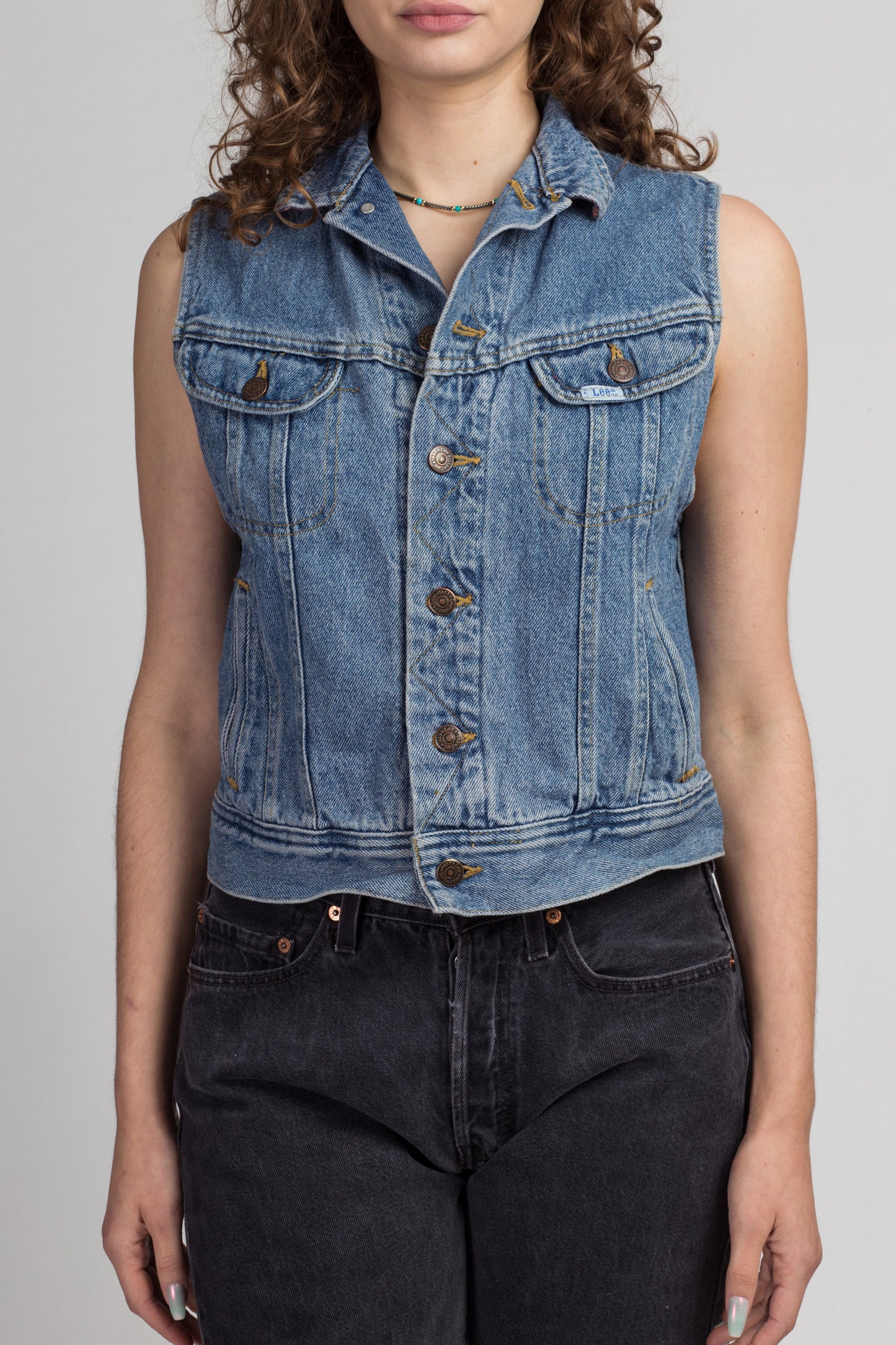 90s Lee Flannel-Lined Denim Vest - Small | Vintage Blue Jean Sleeveless Button Up Cropped Top