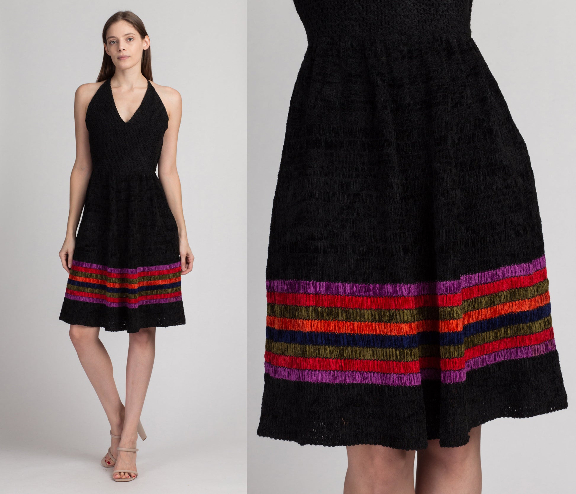 40s 50s Black Striped Crochet Knit Day Dress - Extra Small | Vintage Boho Halter Neck Mini Sundress