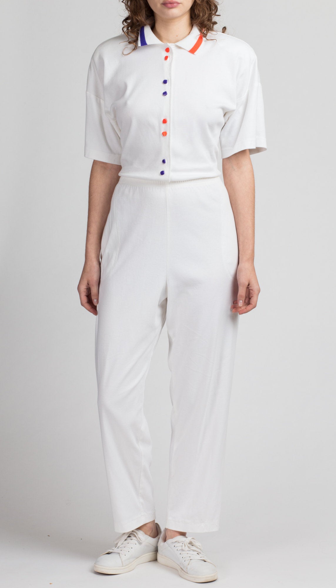 80s White Striped Collared Jumpsuit - Large | Vintage Retro Orange Purple Button Up Outfit