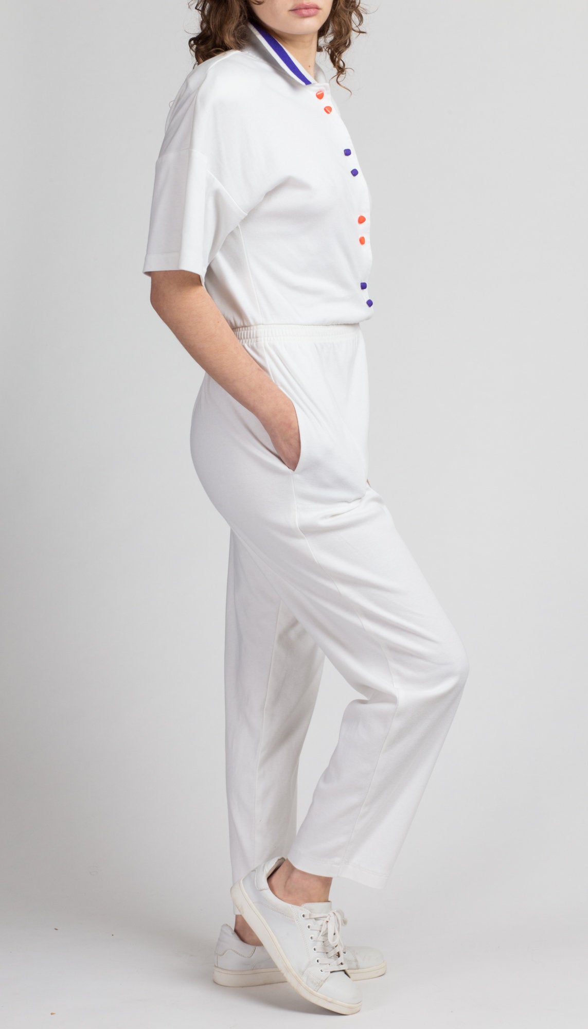 80s White Striped Collared Jumpsuit - Large | Vintage Retro Orange Purple Button Up Outfit