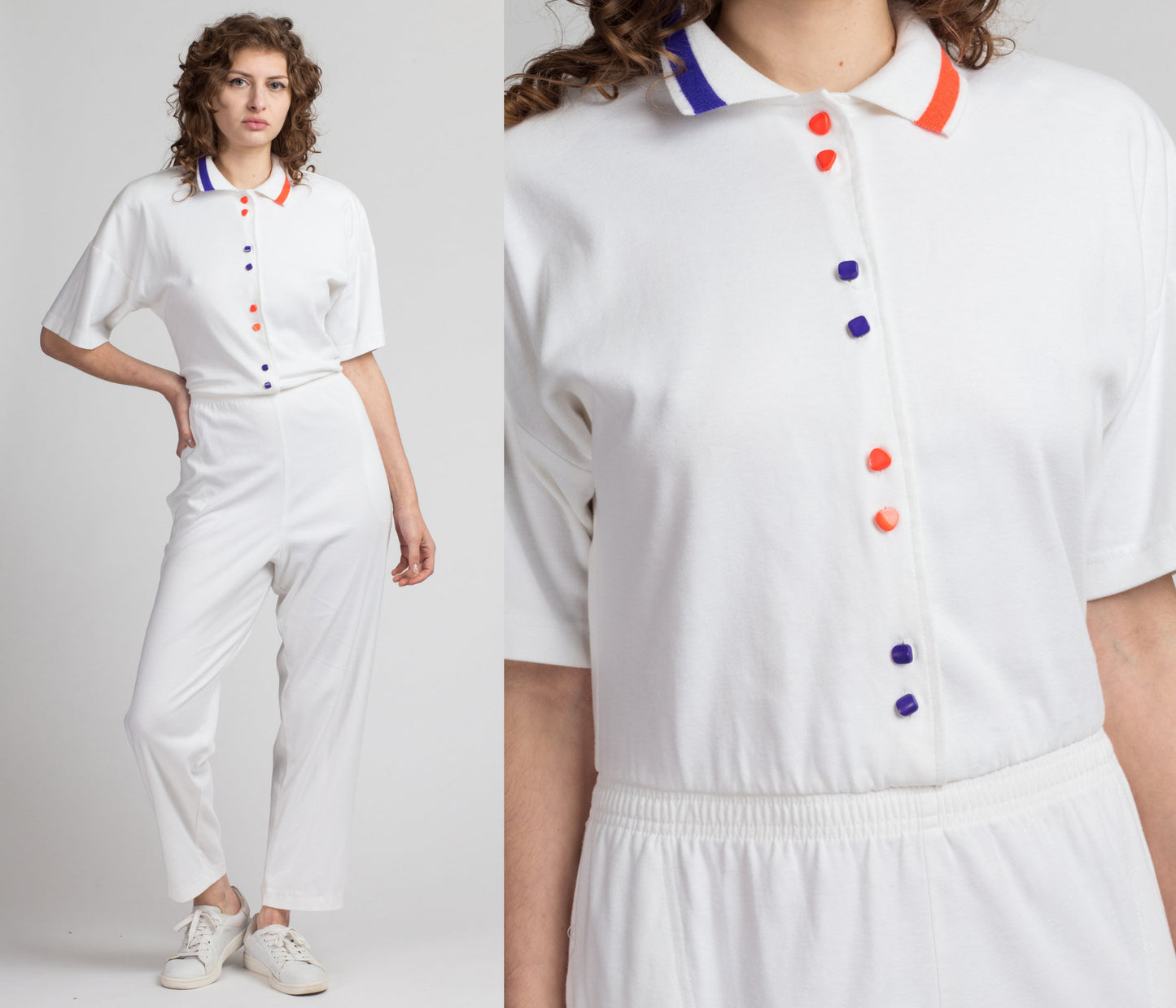 80s White Striped Collared Jumpsuit - Large | Vintage Retro Orange Purple Button Up Outfit