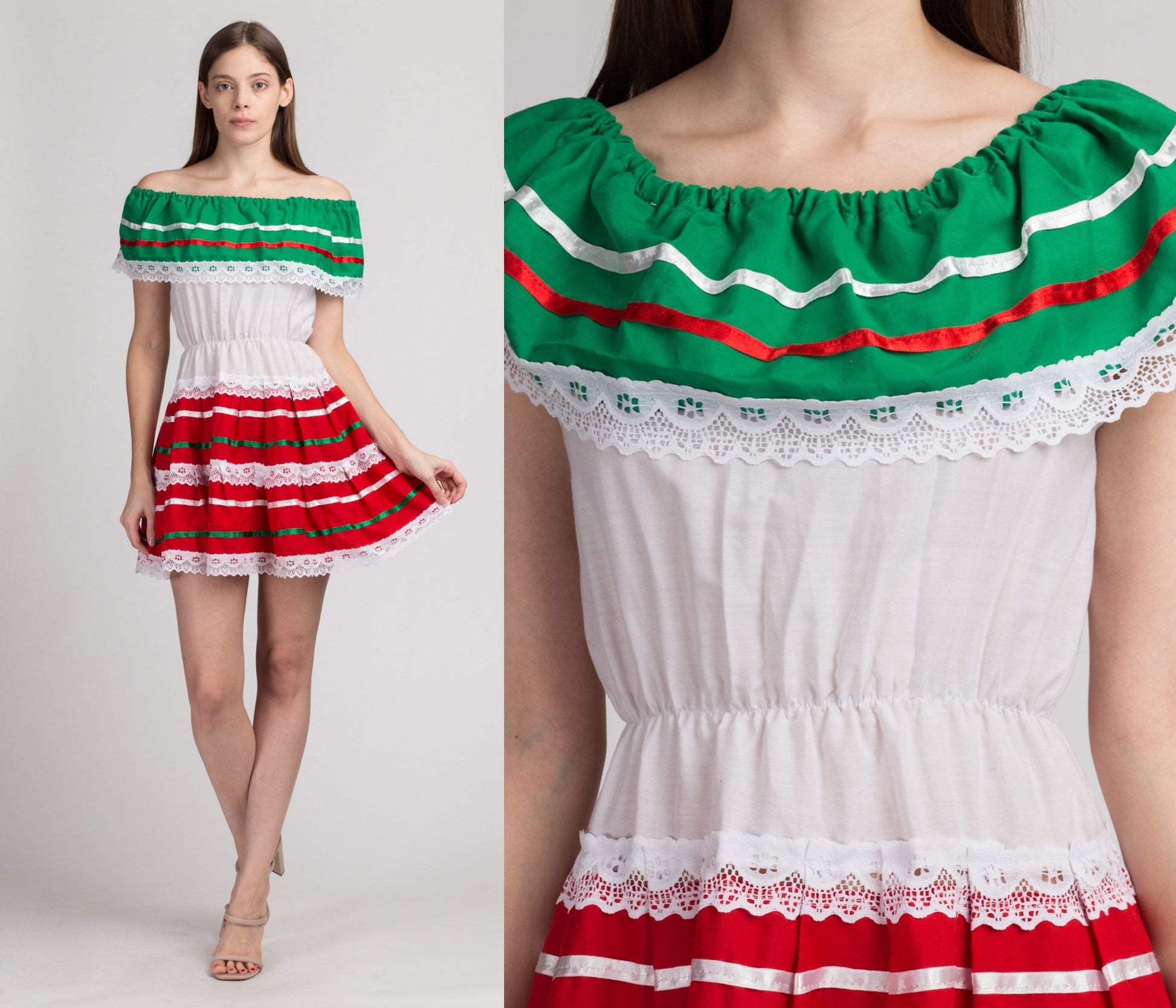 Vintage Mexican Off Shoulder Peasant Mini Dress - Extra Small | White Red Green Striped Lace Trim Festival Dress