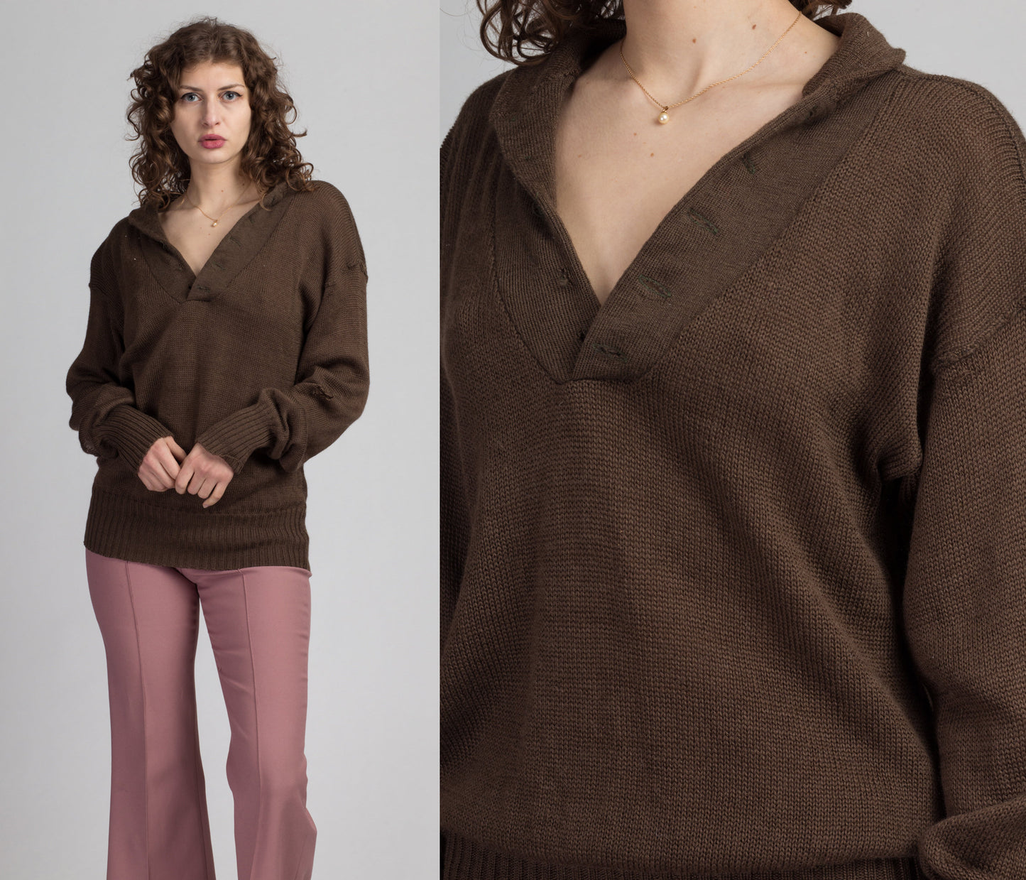 70s 80s Brown Knit Henley Sweater - Men&#39;s XL | Vintage Distressed Button Up Long Sleeve Top