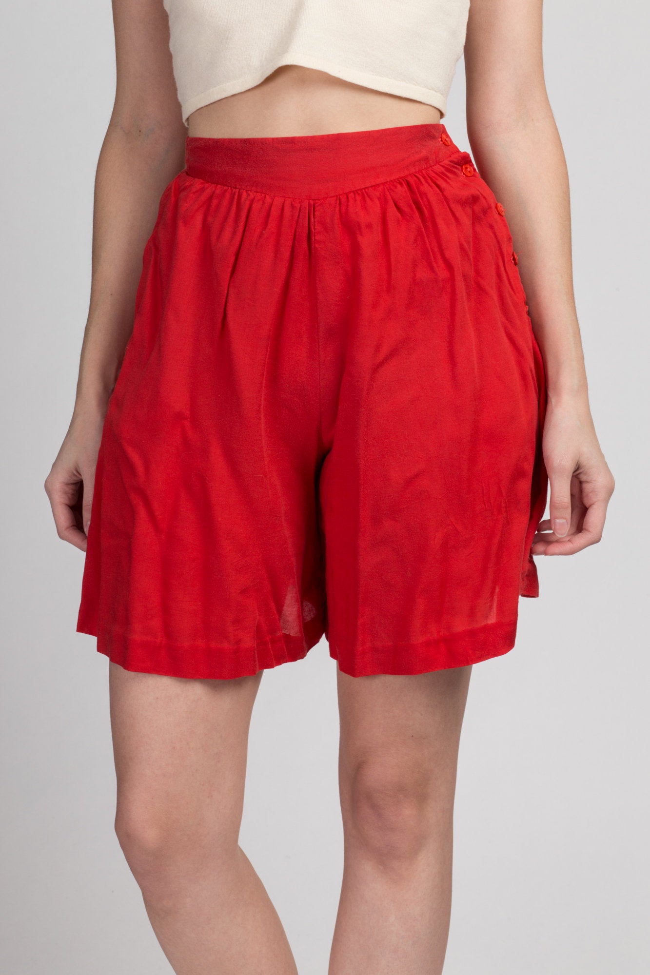 70 Red High Waist Shorts - Extra Small, 25&quot; | Vintage Side Button Casual Pleated Long Shorts
