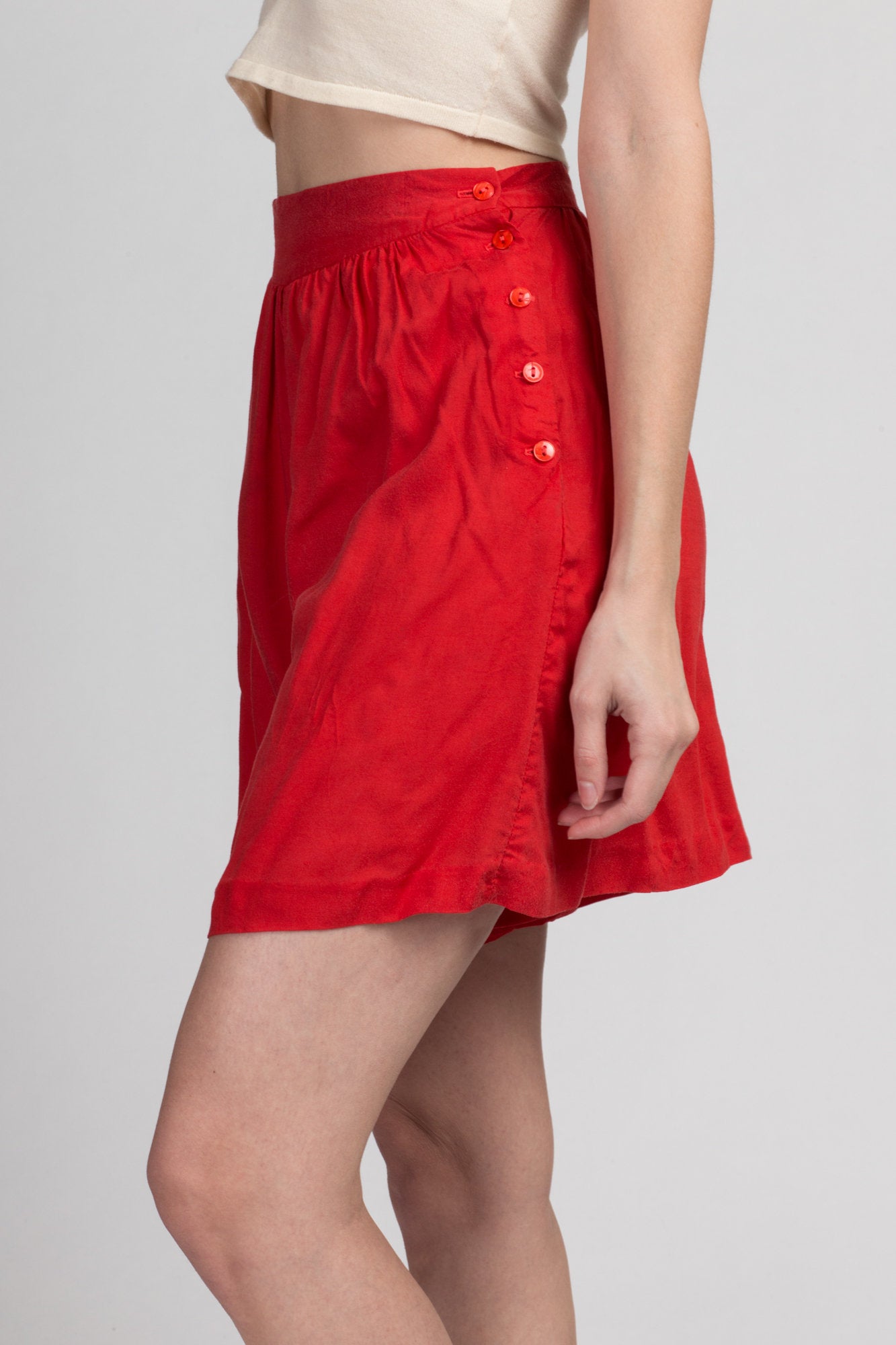 70 Red High Waist Shorts - Extra Small, 25&quot; | Vintage Side Button Casual Pleated Long Shorts