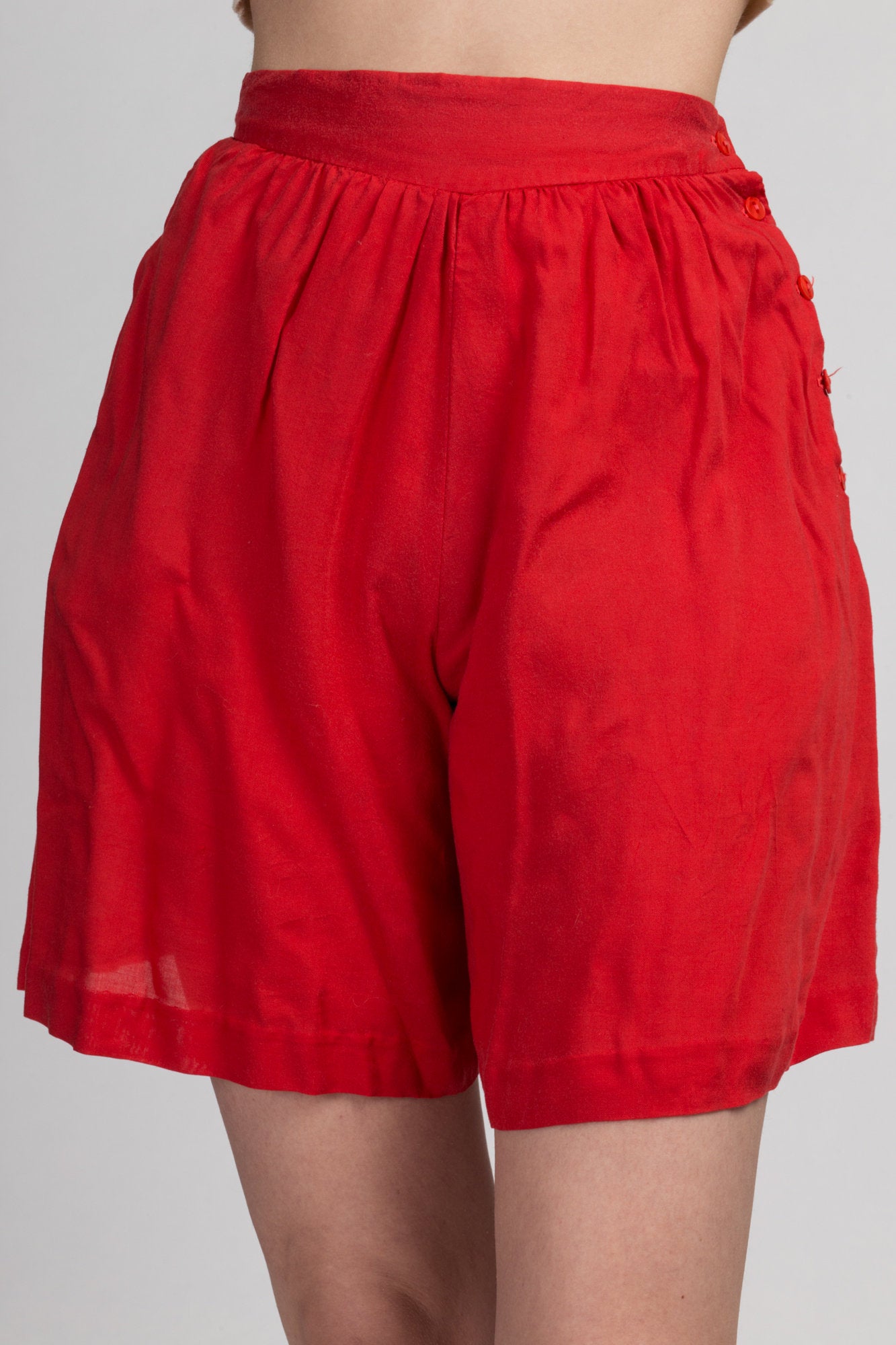70 Red High Waist Shorts - Extra Small, 25&quot; | Vintage Side Button Casual Pleated Long Shorts