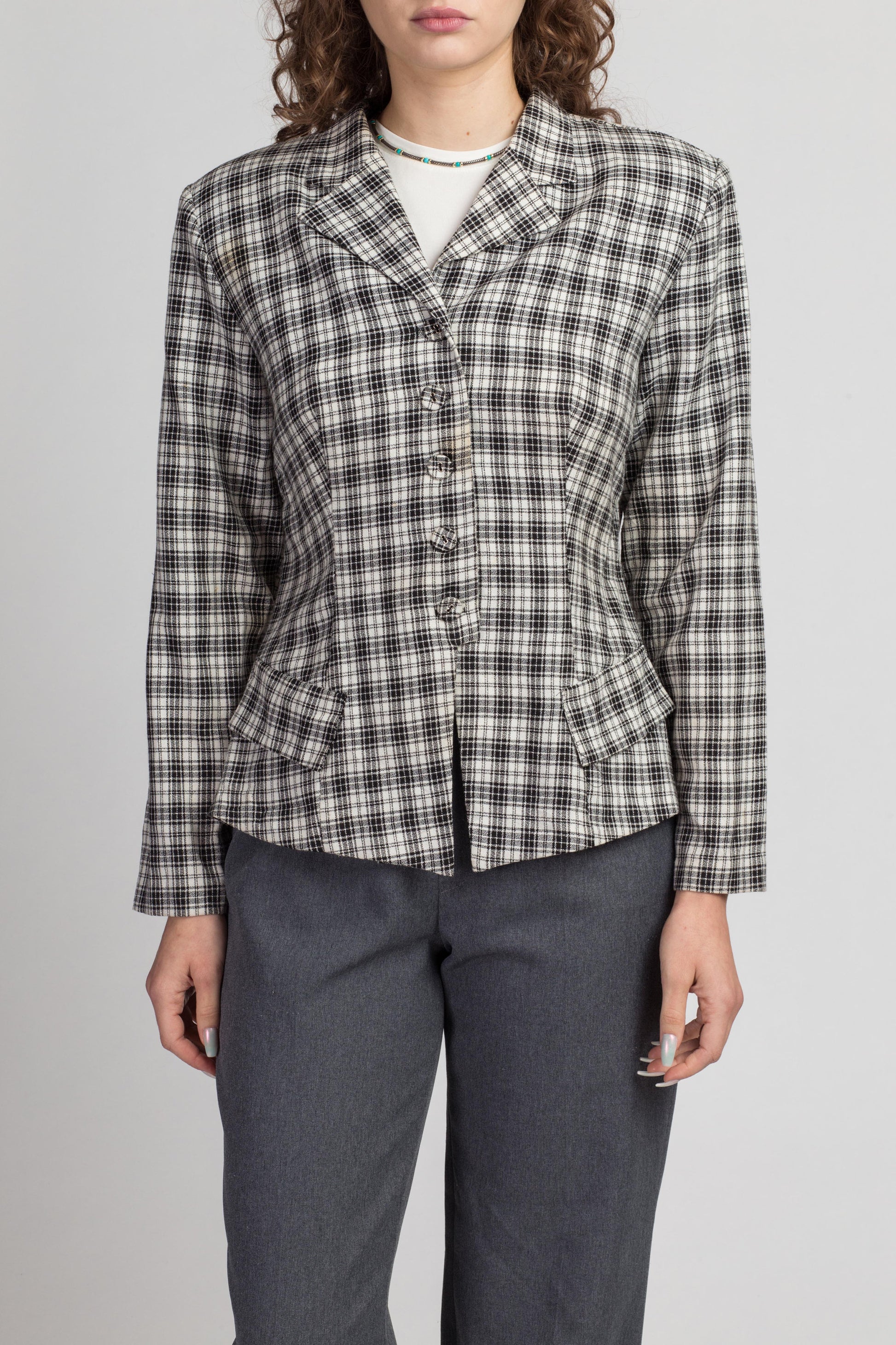 80s Black & White Blazer - Medium | Vintage Button Up Notched Collar Jacket