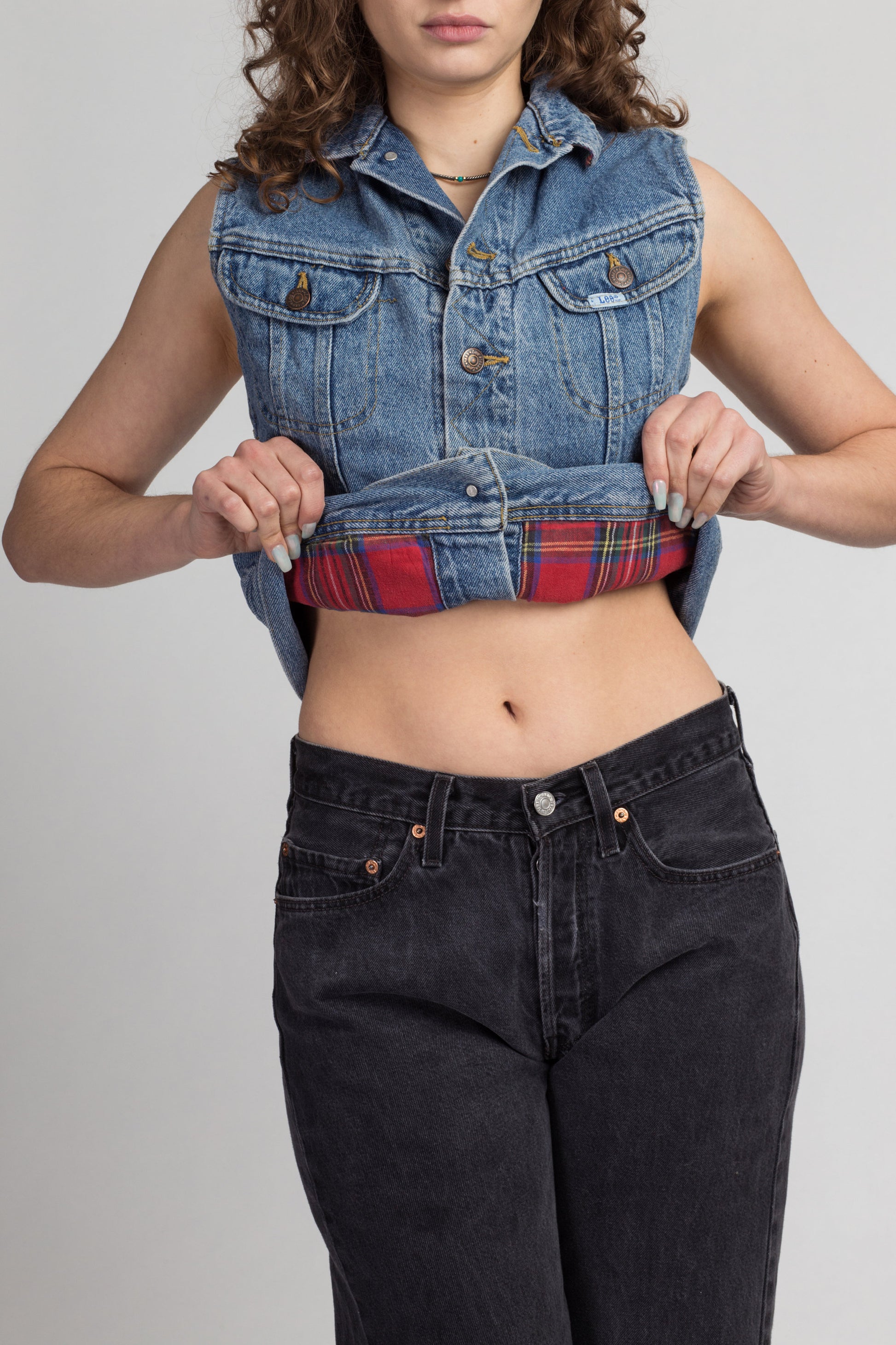 90s Lee Flannel-Lined Denim Vest - Small | Vintage Blue Jean Sleeveless Button Up Cropped Top