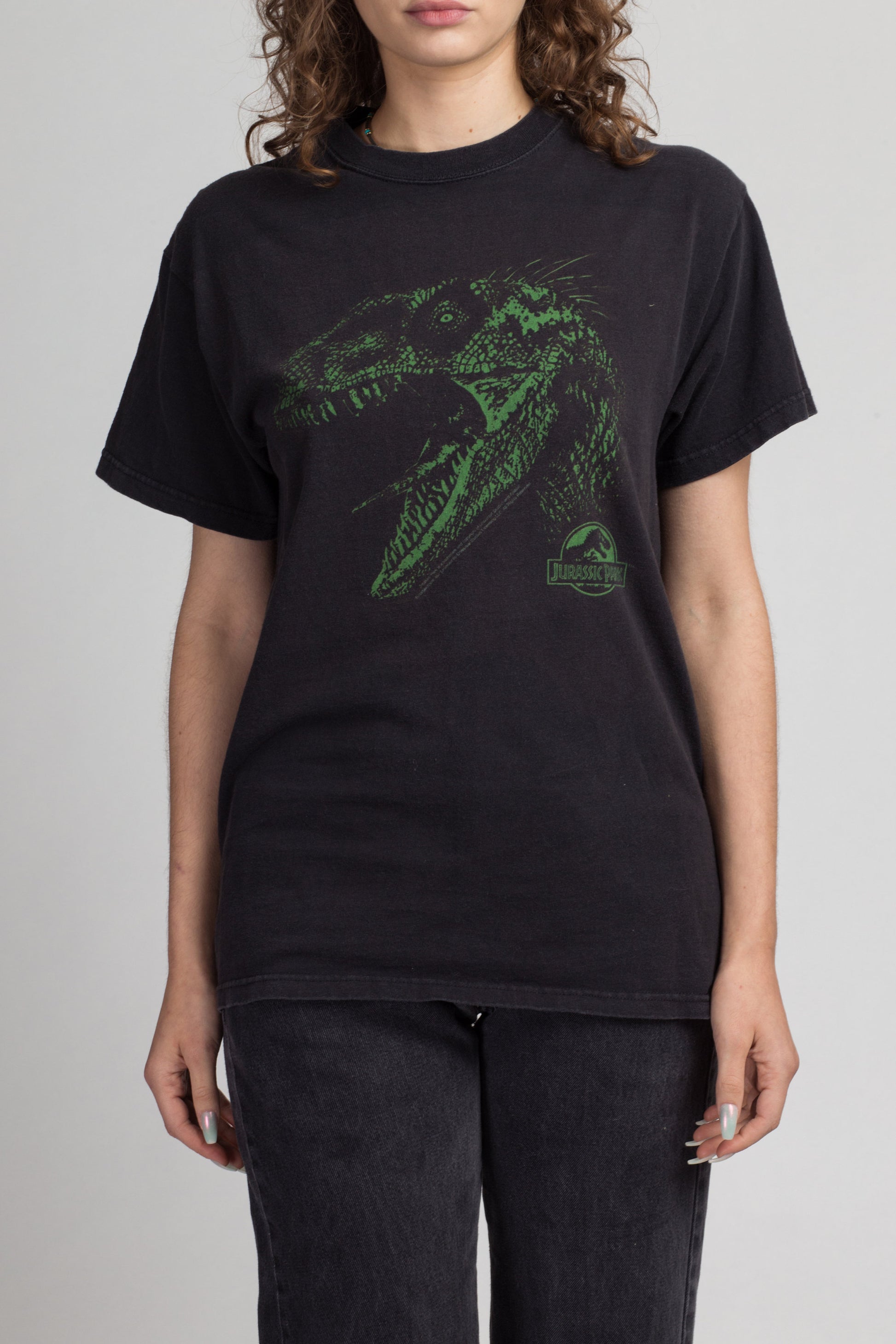 90s Jurassic Park T Shirt - Medium | Vintage Unisex Black Green Velociraptor Dinosaur Graphic Movie Tee