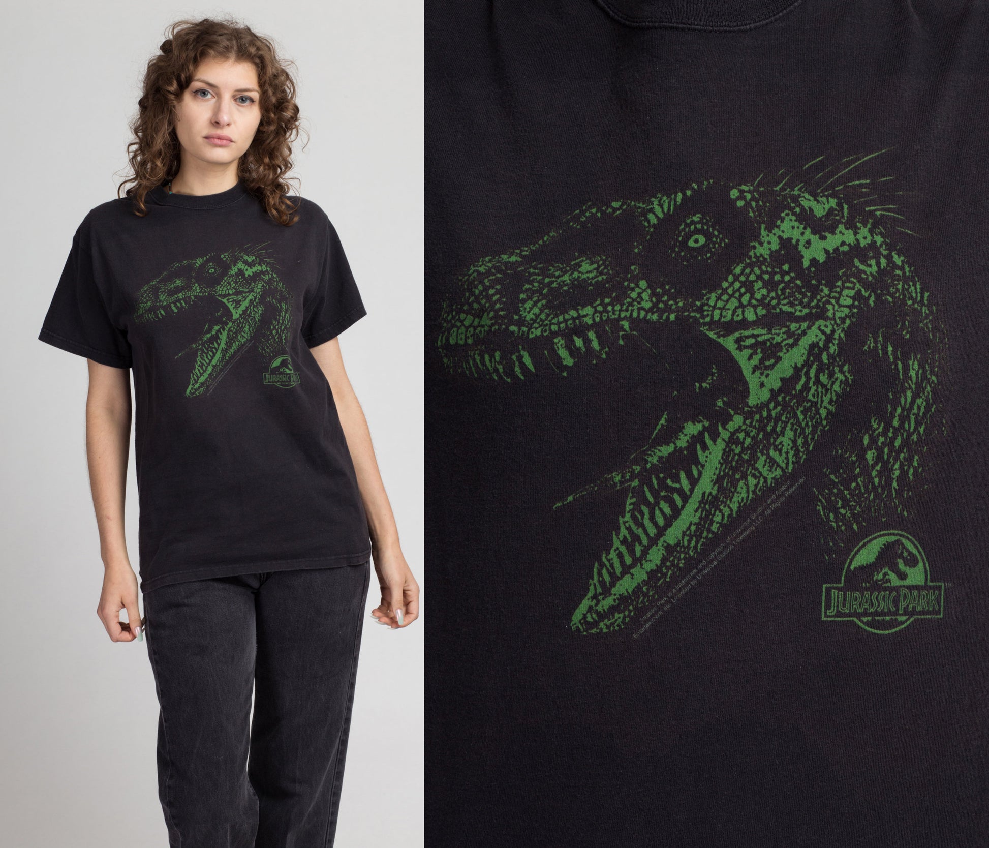 90s Jurassic Park T Shirt - Medium | Vintage Unisex Black Green Velociraptor Dinosaur Graphic Movie Tee