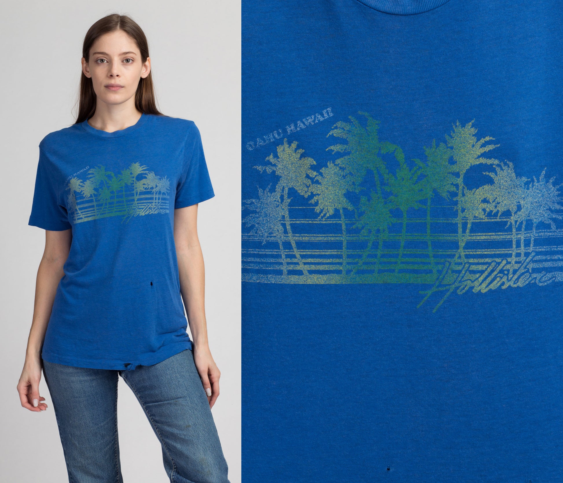 Vintage Oahu Hawaii Hollister Tourist Tee - Medium | Y2k Blue Distressed Graphic Travel T Shirt