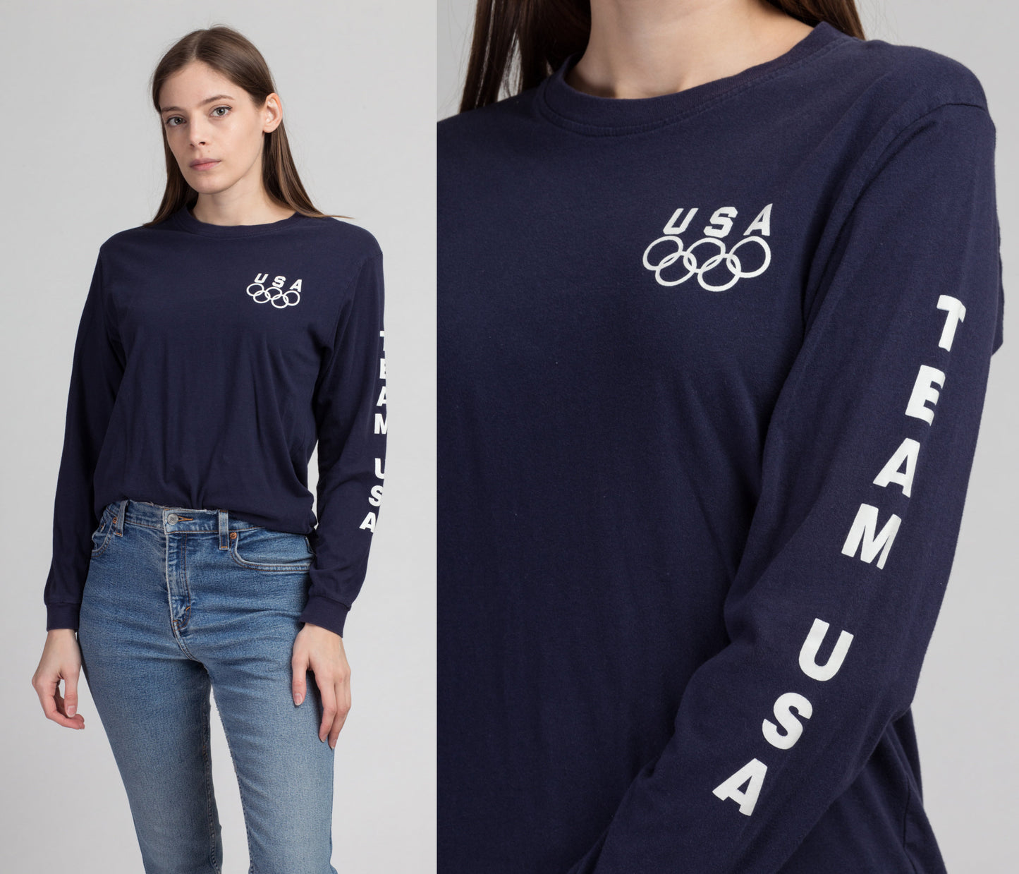 90s Olympics Team USA Long Sleeve Tee - Medium | Vintage Unisex Navy Blue Graphic Athletic Shirt
