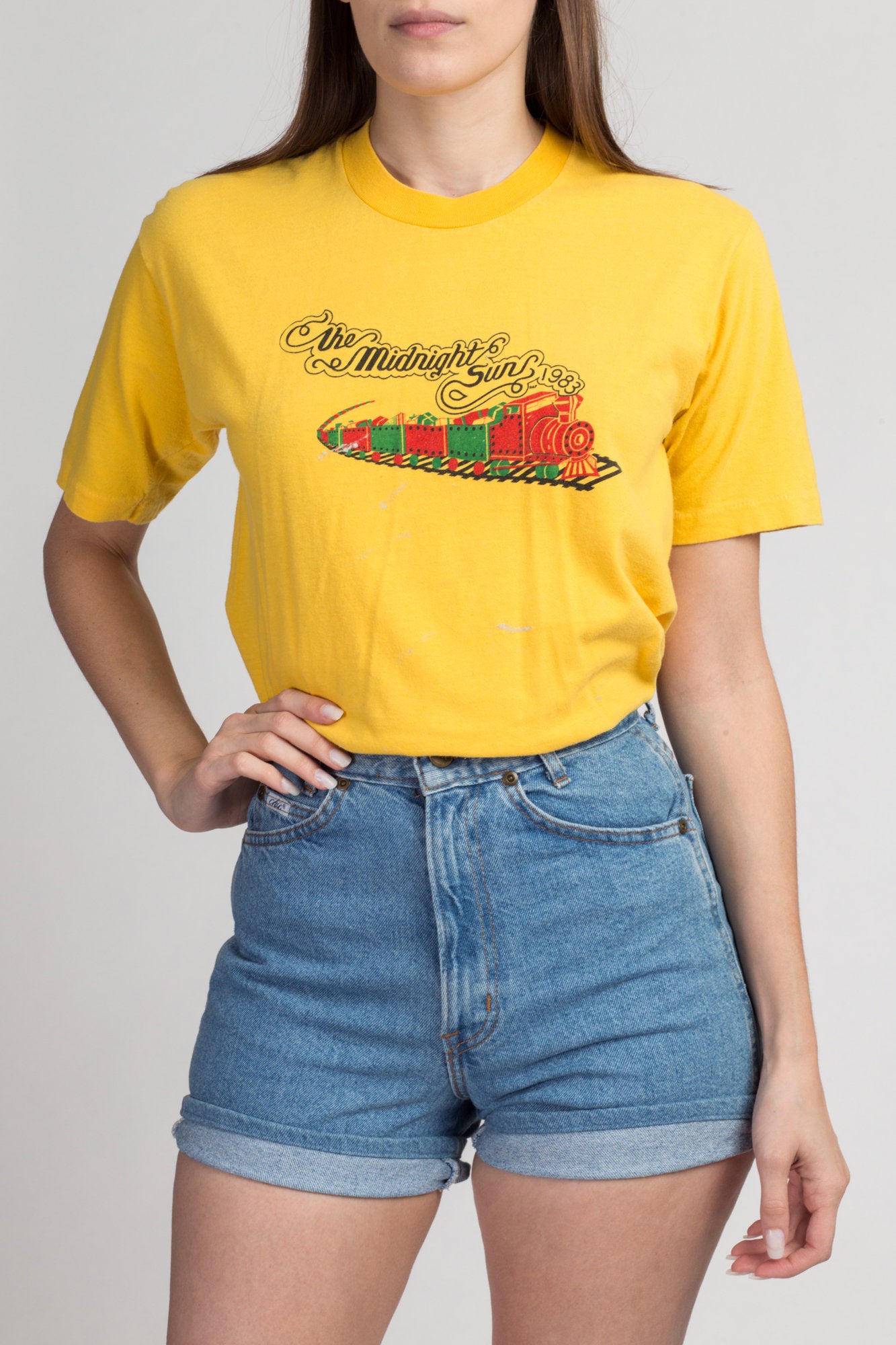 80s Midnight Sun Alaska Train Tee - Medium | Vintage 1983 Yellow Graphic Tourist T Shirt