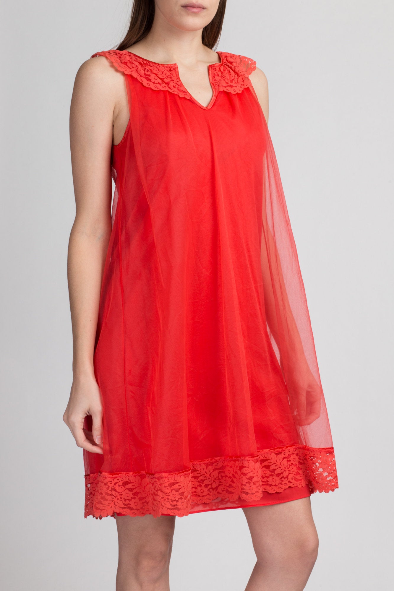 Vintage 60s Red Mini Nightie - Small | Lace Trim Sleeveless Tent Nightgown