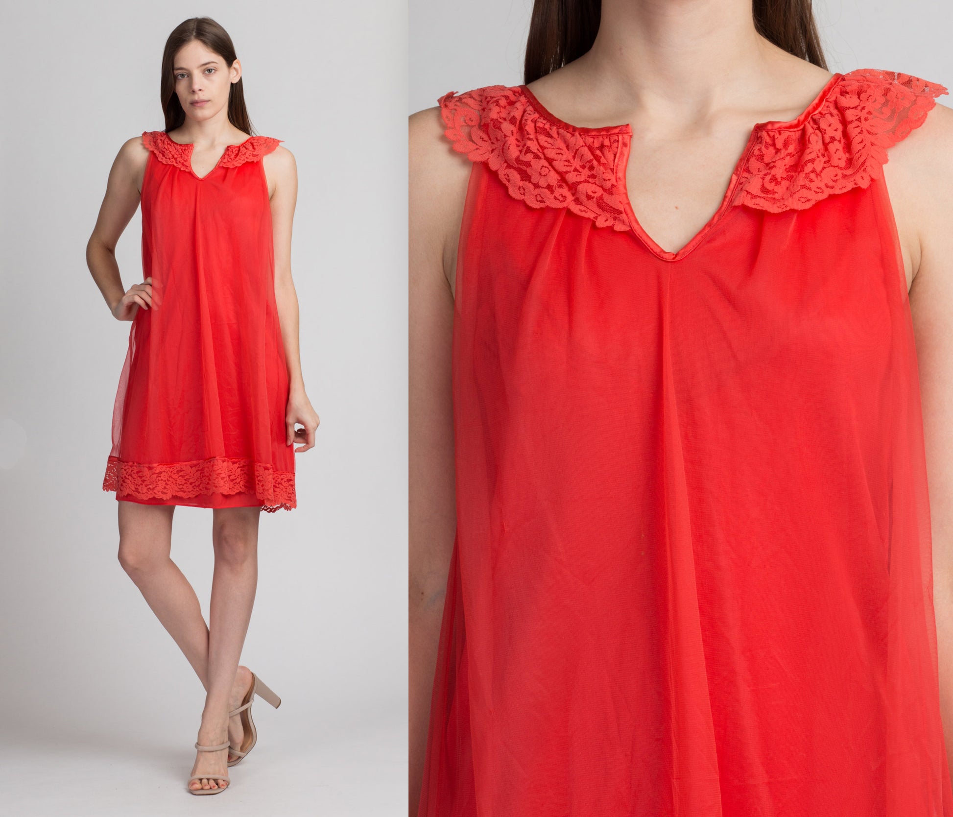 Vintage 60s Red Mini Nightie - Small | Lace Trim Sleeveless Tent Nightgown