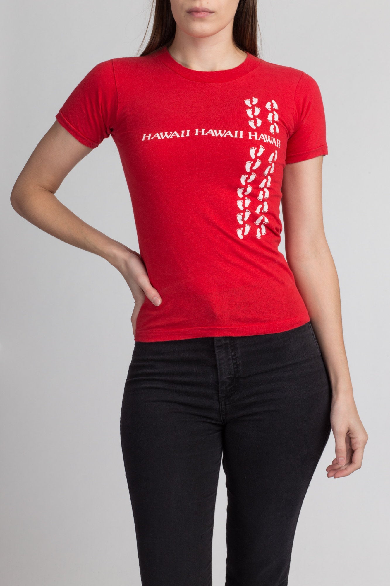 80s Hawaii Footprint T Shirt - XXS | Vintage Red Graphic Fitted Travel Tee
