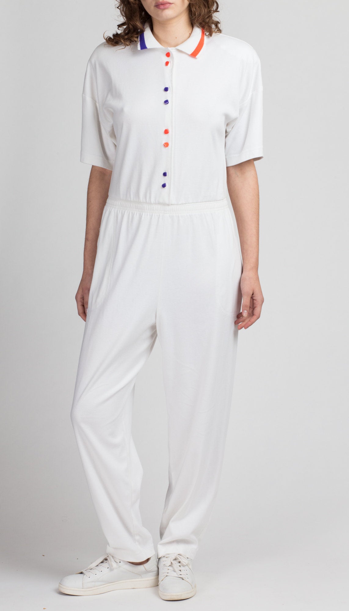 80s White Striped Collared Jumpsuit - Large | Vintage Retro Orange Purple Button Up Outfit