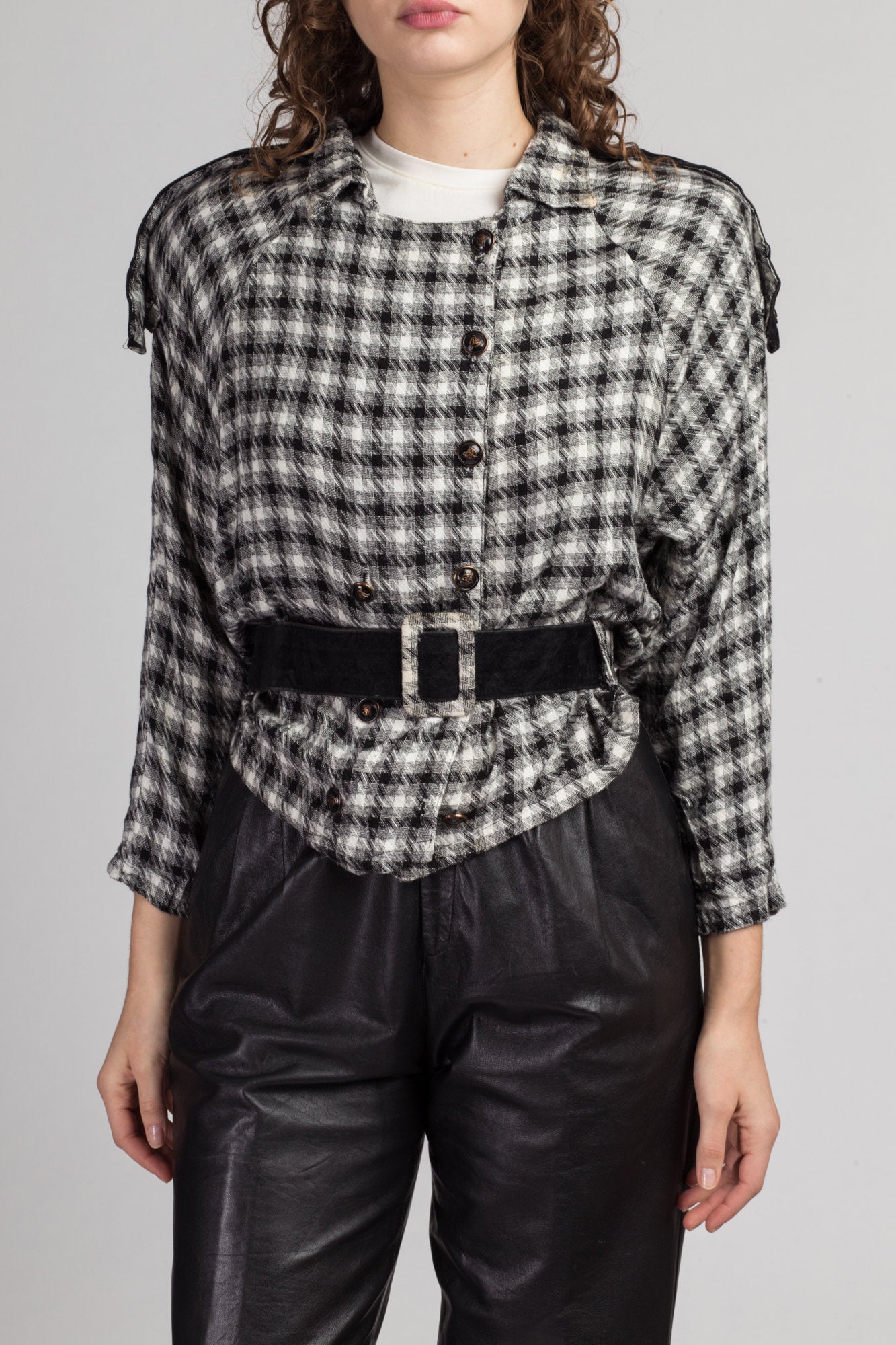 80s Black & White Checked Cropped Blazer Top - Medium to Large | Vintage Belted Button Up Cropped Double Breasted Blouse