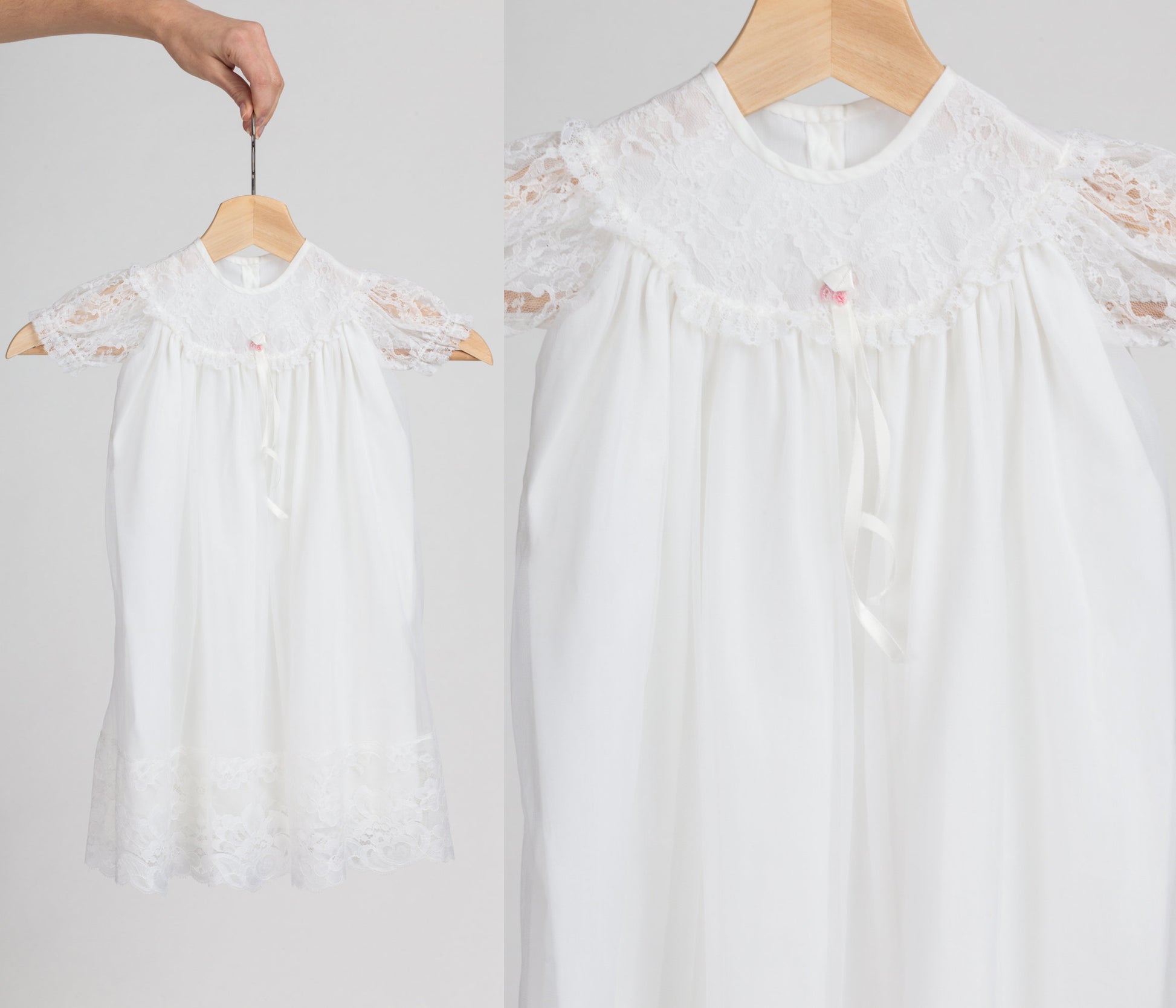 60s White Lace Baby Christening Gown | Vintage Sheer Full Length Baby Girl Dress