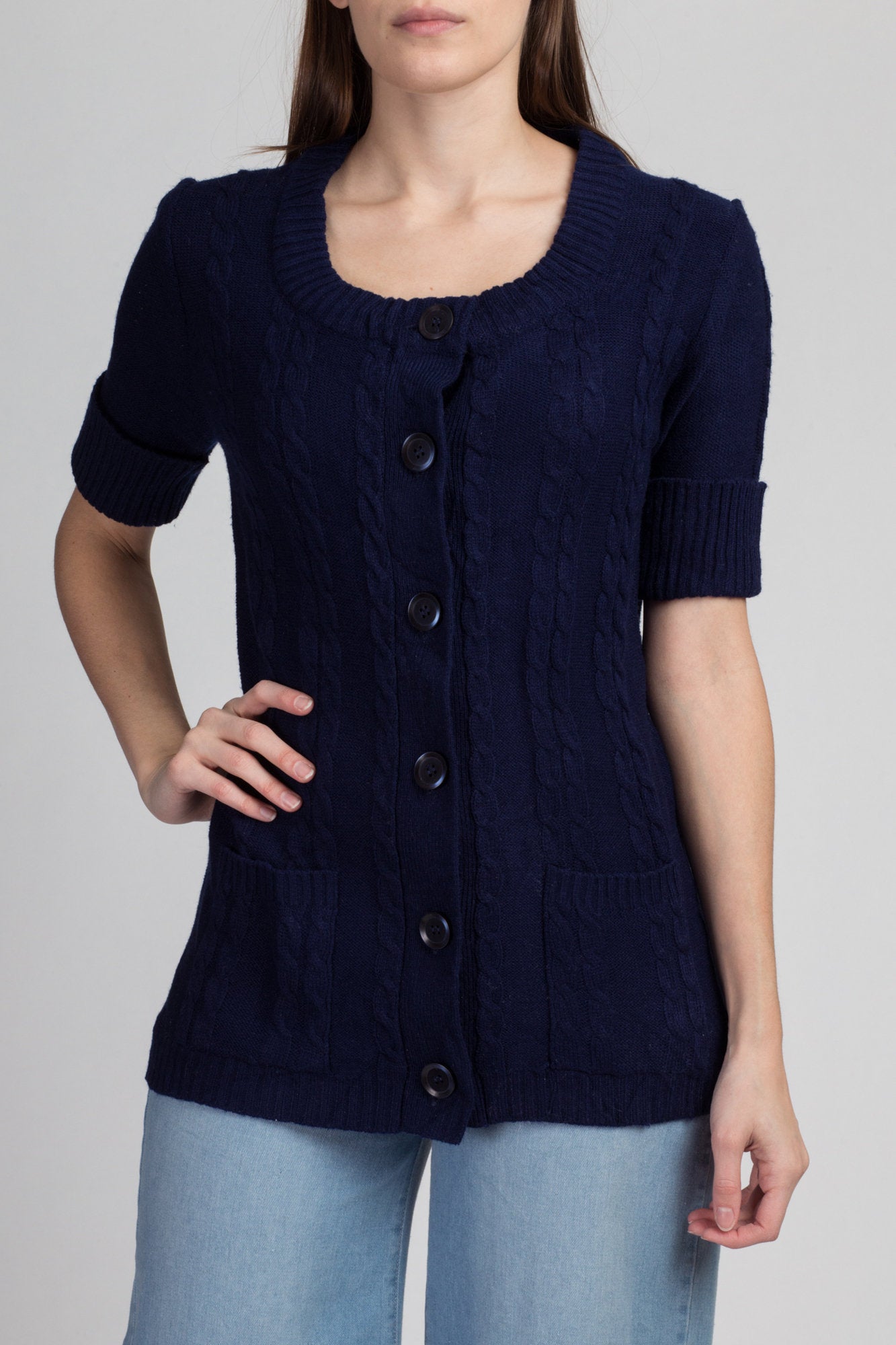 70s Navy Blue Short Sleeve Cardigan Top - Medium | Vintage Donnkenny Boho Knit Pocket Sweater