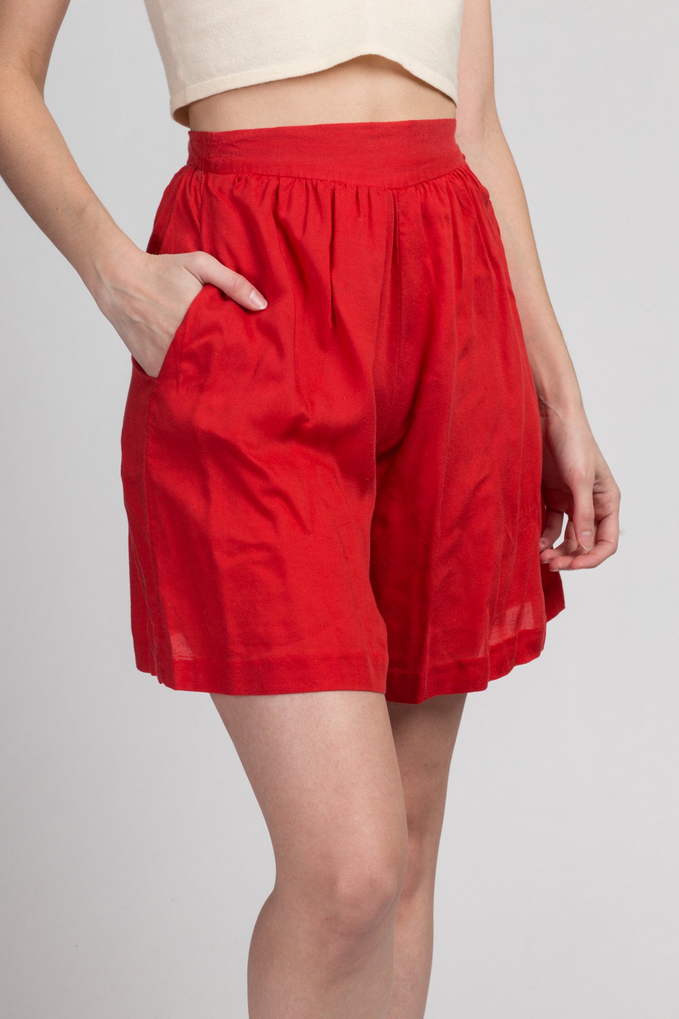 70 Red High Waist Shorts - Extra Small, 25&quot; | Vintage Side Button Casual Pleated Long Shorts